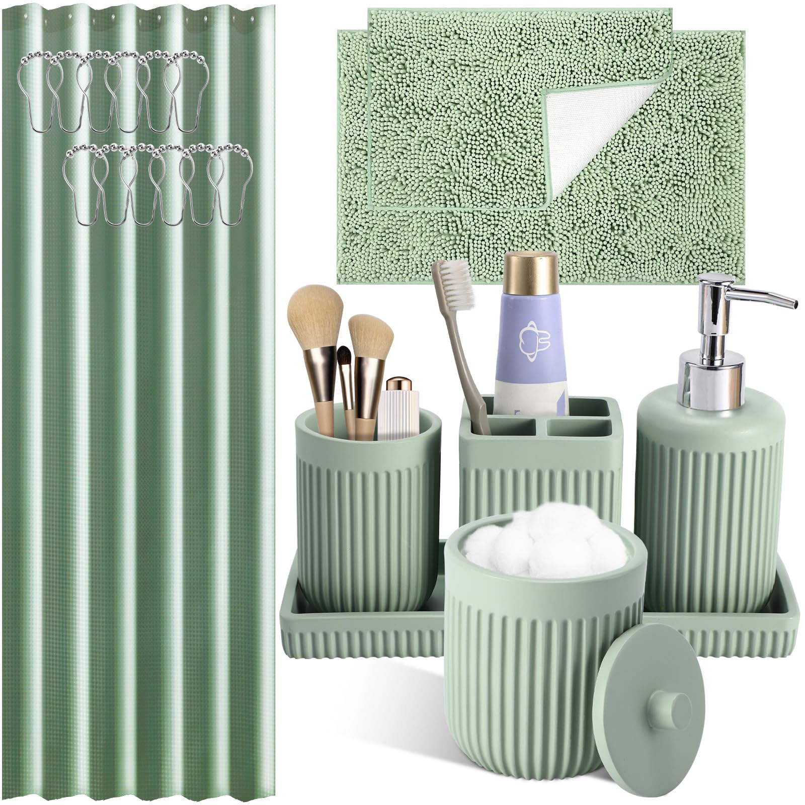XLHOMO Resin White Marble Bathroom Accessories Set 5 Pcs, Lotion Soap Dispenser, Toothbrush Holder, Bathroom Tumbler, Qtip Holder and Vanity Tray, Bathroom Countertop Organizer Set for Home Apartment