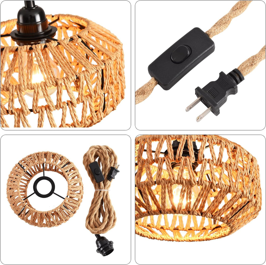 2 Pack Plug in Pendant Light Rattan Hanging Lamp with Switch,Mini Rattan Boho Semi Flush Mount Ceiling Light,Hand Woven Hallway Light Fixtures for Bedroom Entryway