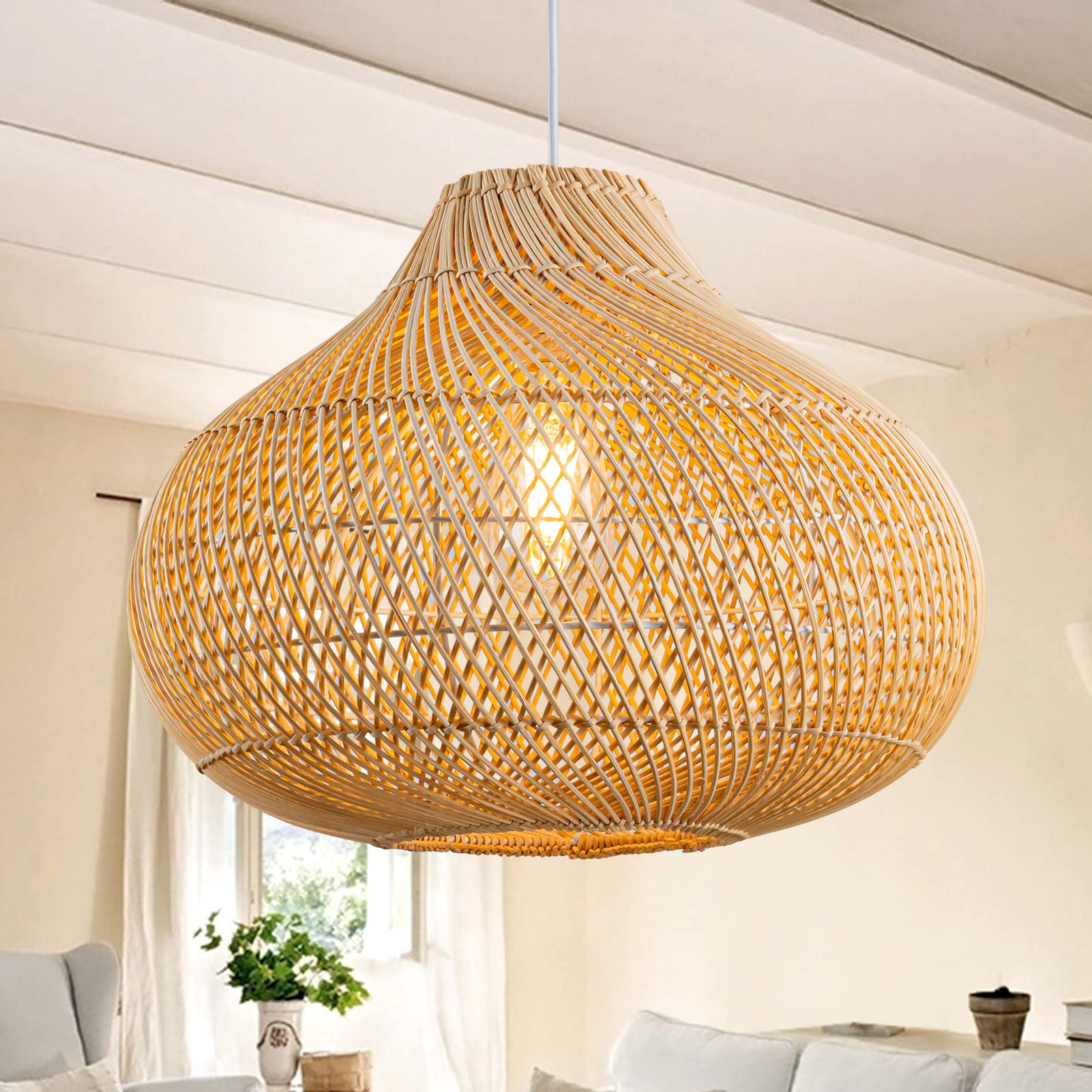 Boho Pendant Lights, 15.7" 1-Light Rattan Chandelier Hand-Woven Wicker Pendant Light with Water Hyacinth Shade, Coastal Dome Hanging Light for Dining Room Kitchen Island