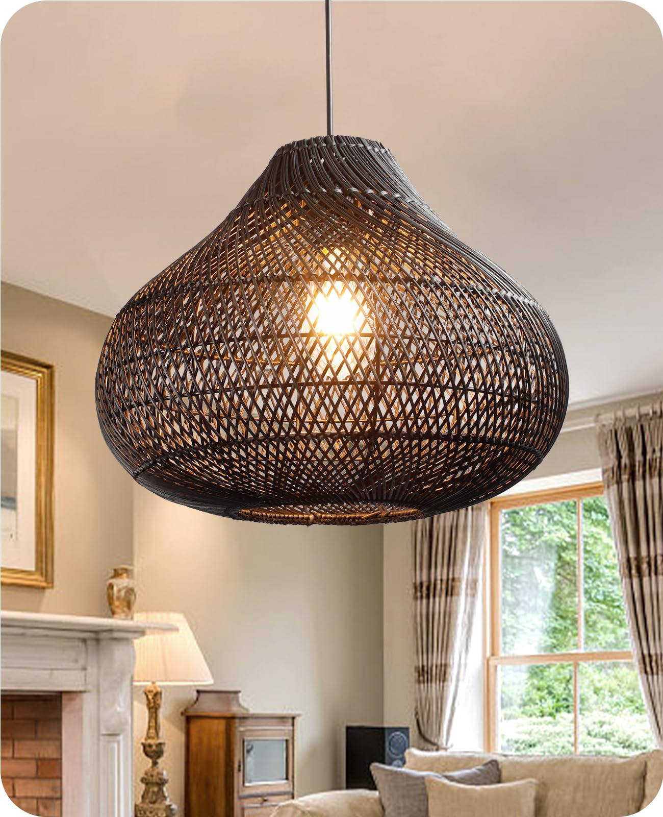 Boho Pendant Lights, 15.7" 1-Light Rattan Chandelier Hand-Woven Wicker Pendant Light with Water Hyacinth Shade, Coastal Dome Hanging Light for Dining Room Kitchen Island