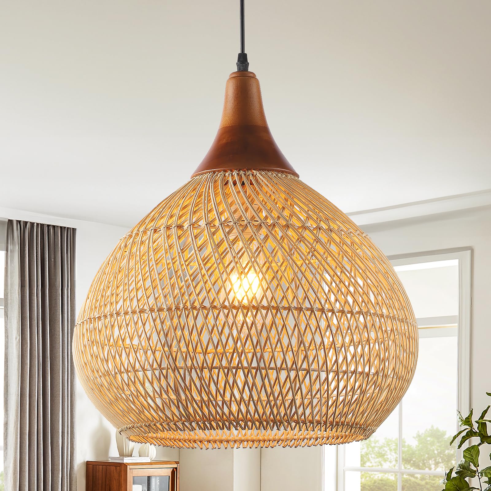 Boho Pendant Lights, 15.7" 1-Light Rattan Chandelier Hand-Woven Wicker Pendant Light with Water Hyacinth Shade, Coastal Dome Hanging Light for Dining Room Kitchen Island