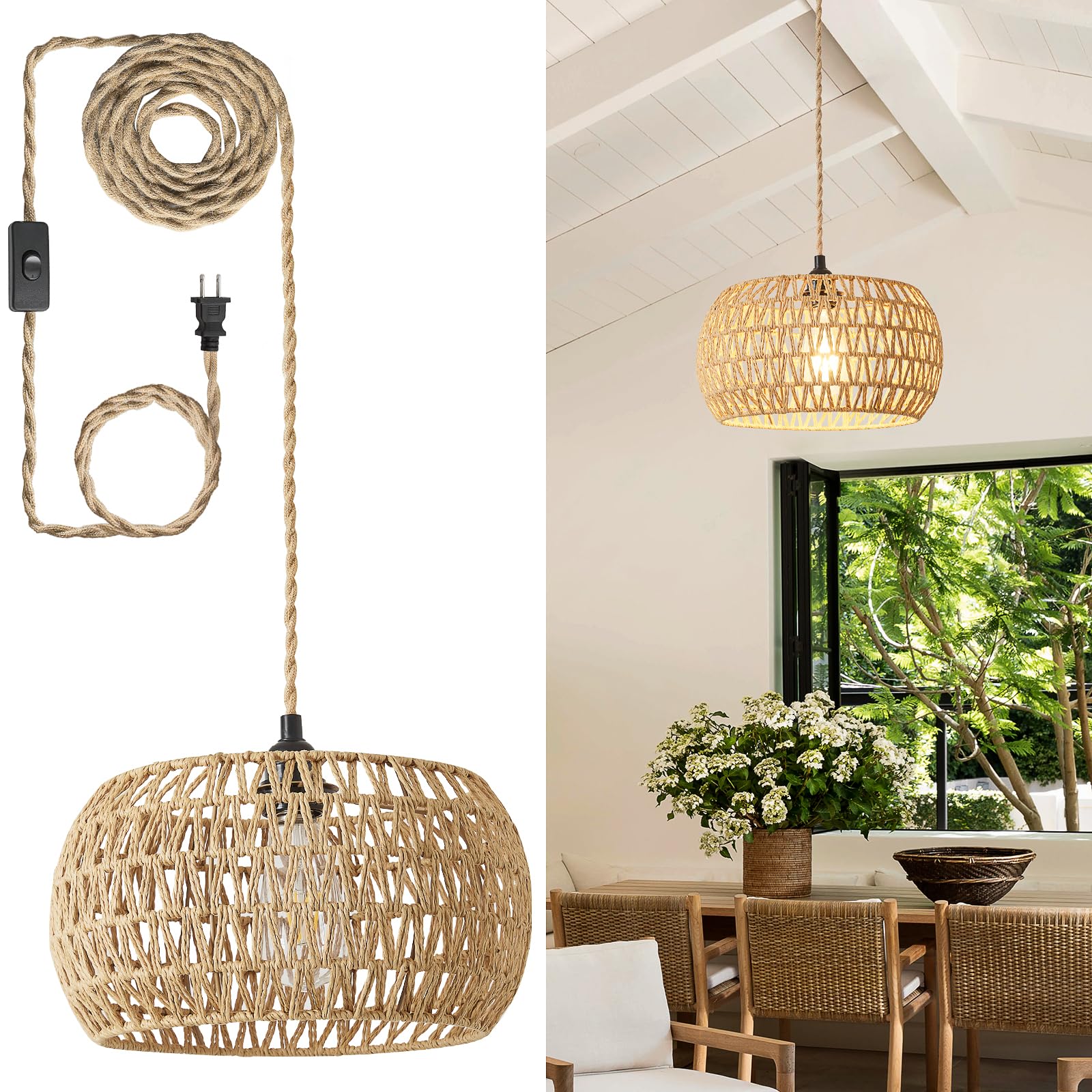 Rattan Hanging Lamp,Boho Pendant Lights,Plug in Cord Hanging Rattan Light,Plug Into Wall Outlet Pendant Light Fixture On/Off Switch for Living,Dinner Room,Bedroom,Kitchen,for E26,without Bulb
