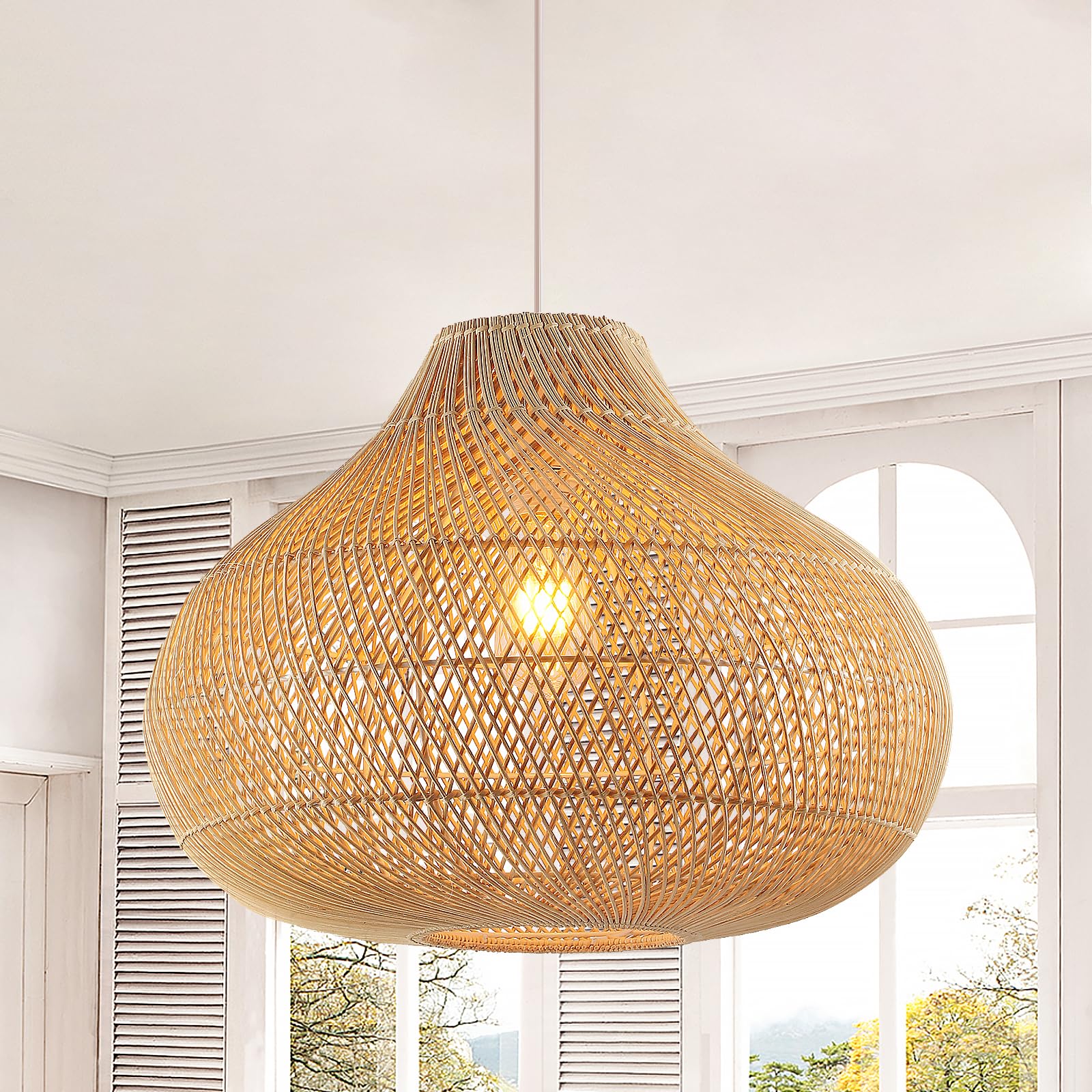 Boho Pendant Lights, 15.7" 1-Light Rattan Chandelier Hand-Woven Wicker Pendant Light with Water Hyacinth Shade, Coastal Dome Hanging Light for Dining Room Kitchen Island