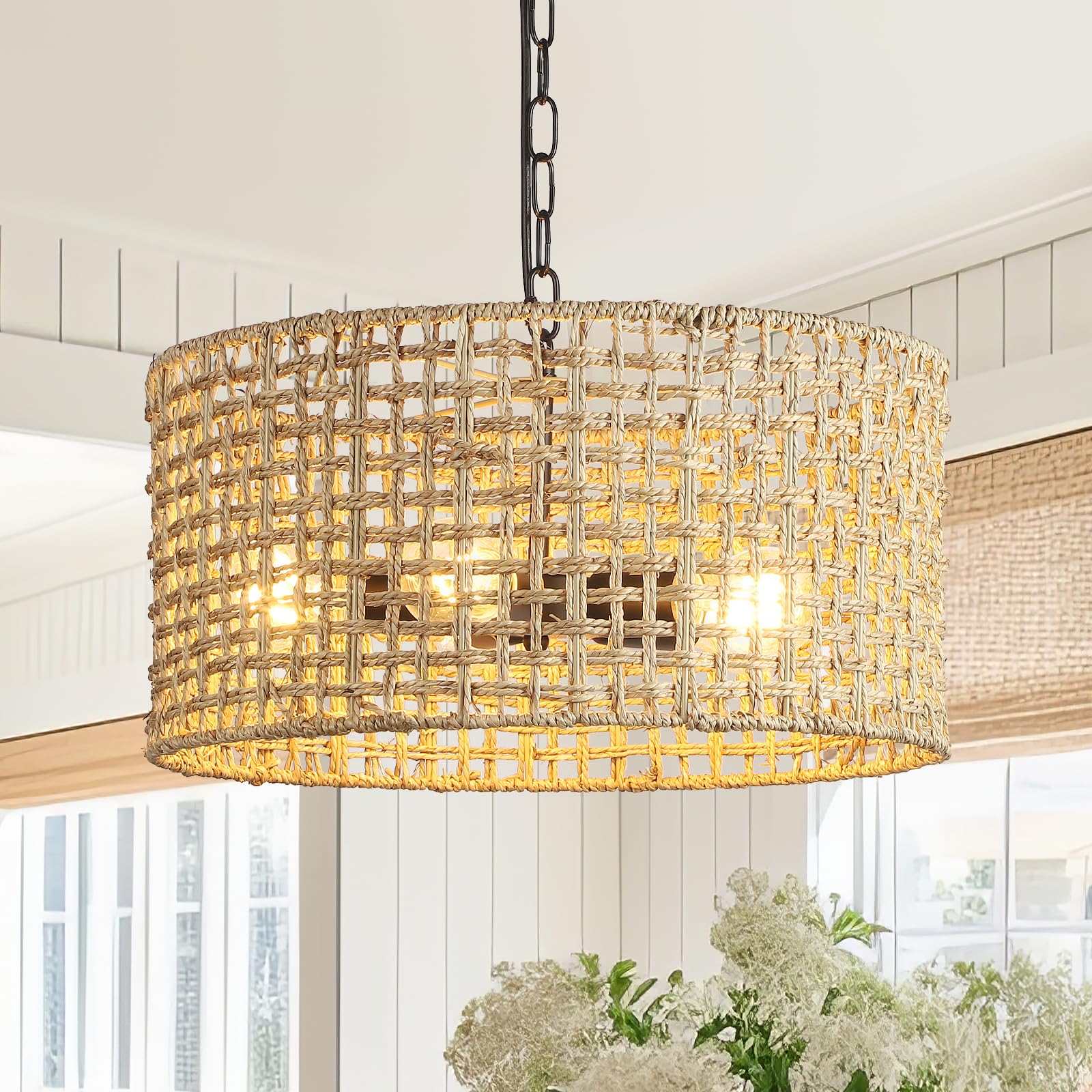 Boho Pendant Lights Kitchen Island, 11.8" Bohemian Rattan Hand-Woven Light Fixture Natural Seagrass Weaving Lighting Hanging Ceiling Chandelier for Restaurants Living Dining Room Farmhouse