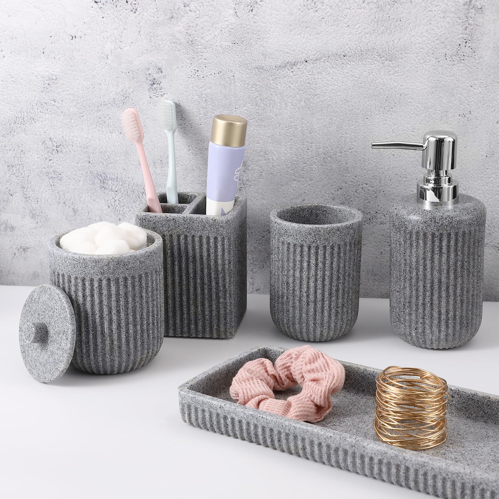 XLHOMO Resin White Marble Bathroom Accessories Set 5 Pcs, Lotion Soap Dispenser, Toothbrush Holder, Bathroom Tumbler, Qtip Holder and Vanity Tray, Bathroom Countertop Organizer Set for Home Apartment