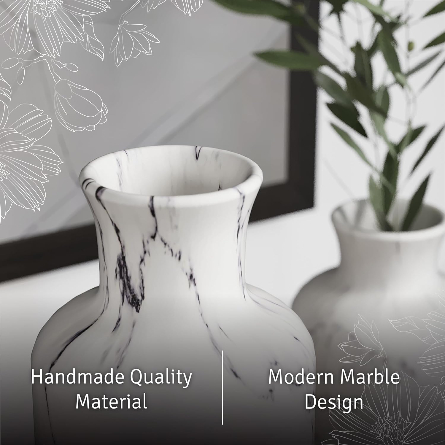 Creative Scents White Marble Look Vases Home Decor - Vase Set of 3 - Perfect for Holding Pampas Grass, Dried/Fresh Flowers, Vases for Your Kitchen, Bedroom, Office, Living/Dining Room, or Shelf Decor