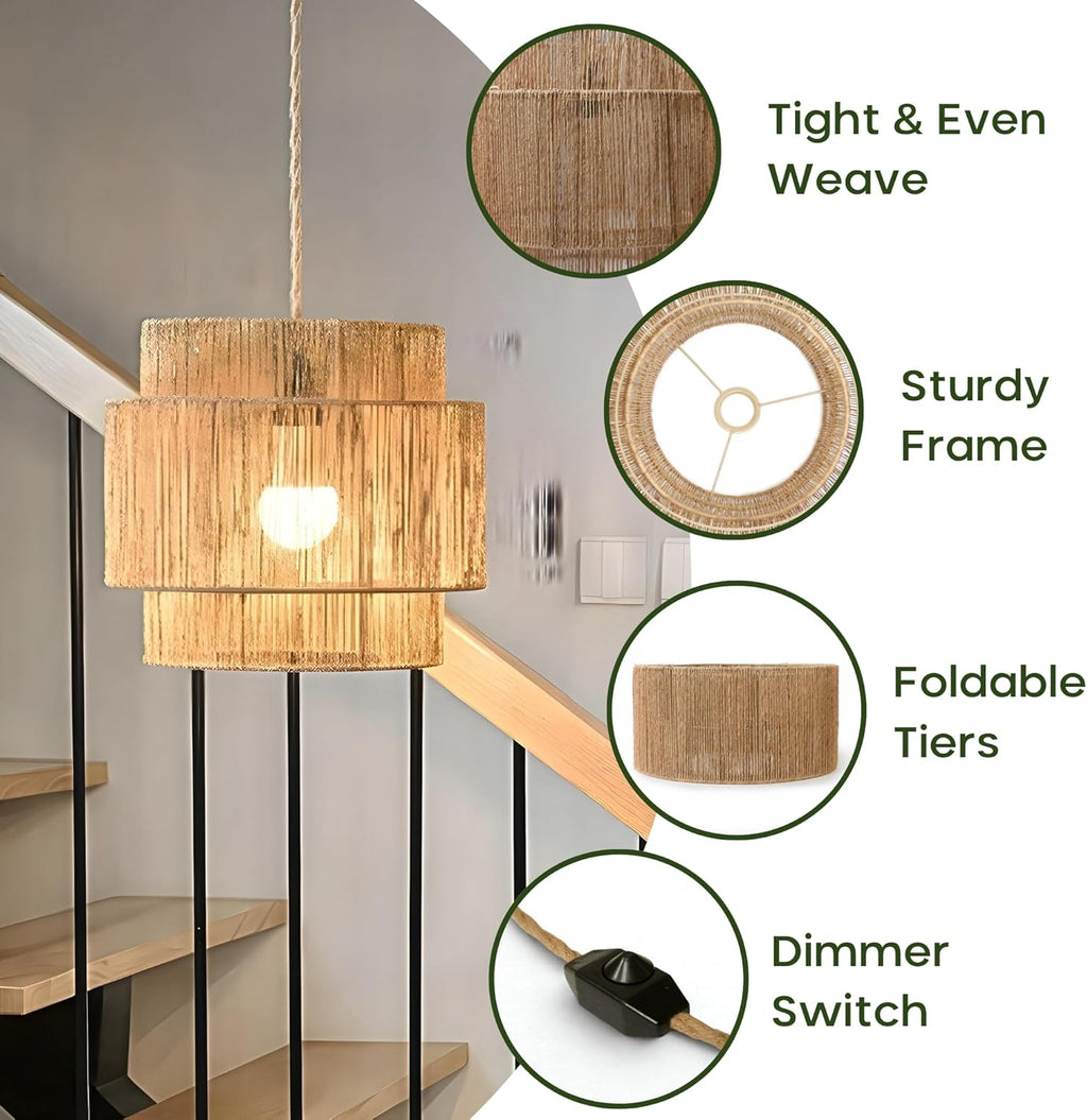 Chi An Home 11.8" Boho Jute Plug in Pendant Light, Handwoven Natural Hanging Lamp Plug in with Dimmable Light Switch, Wicker Hanging Light Fixture for Bedroom Living Room Kitchen (No Bulb Included)