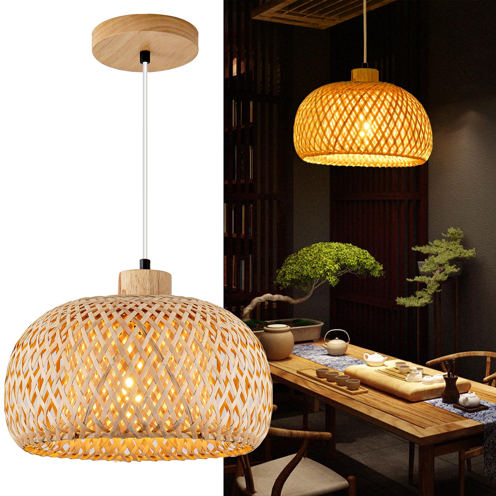 Bamboo Pendant Light, 11.8inch Hand-Woven Natural Wicker Rattan Bamboo Lamp, Beige Boho Hanging Chandelier, Rustic Island Dining Ceiling Light for Living Room, Kitchen, Farmhouse, Bedroom