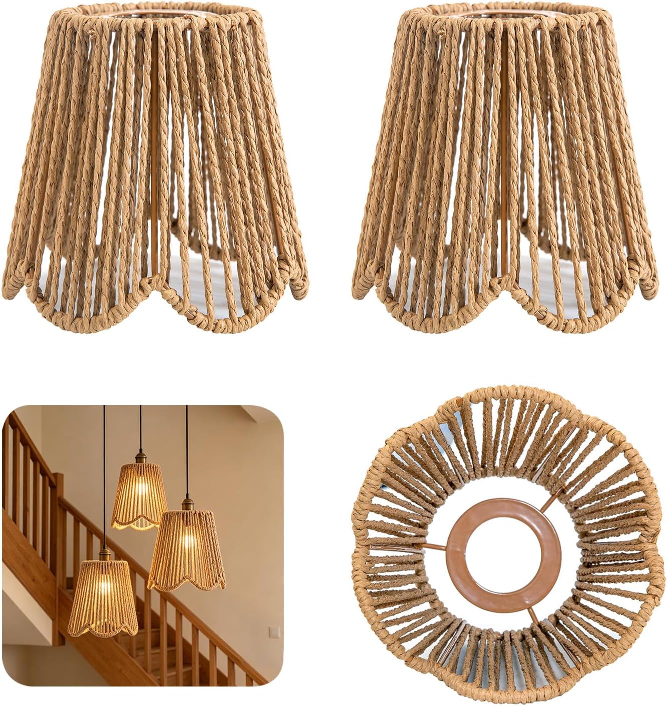 3 Pack Small Rattan Lamp Shade Replacement,Trapezoid Scalloped Wicker Boho Pendant Light Shades for Ceiling, Floor & Wall Lamps,Hand Woven Lampshades,Sconce,Hanging Light Covers,E26 / E27 Compatible
