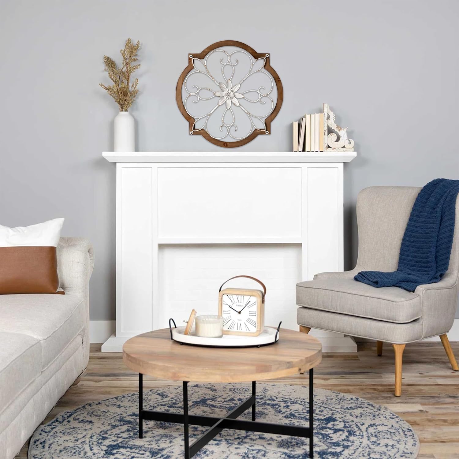 Sintosin Vintage Wrought Iron Wall Decor 22", Hanging Farmhouse Distressed White Metal Scroll Wall Decor, Wood Frame and Metal Flower Wall Art Decor for Living Room Entryway Hallway