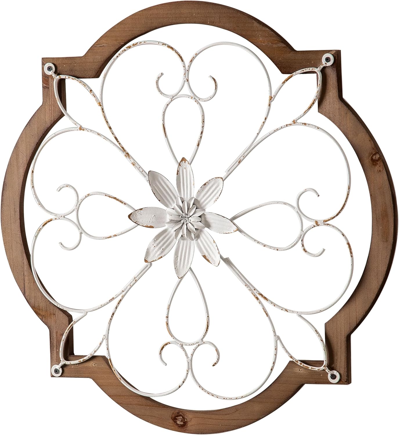 Sintosin Vintage Wrought Iron Wall Decor 22", Hanging Farmhouse Distressed White Metal Scroll Wall Decor, Wood Frame and Metal Flower Wall Art Decor for Living Room Entryway Hallway