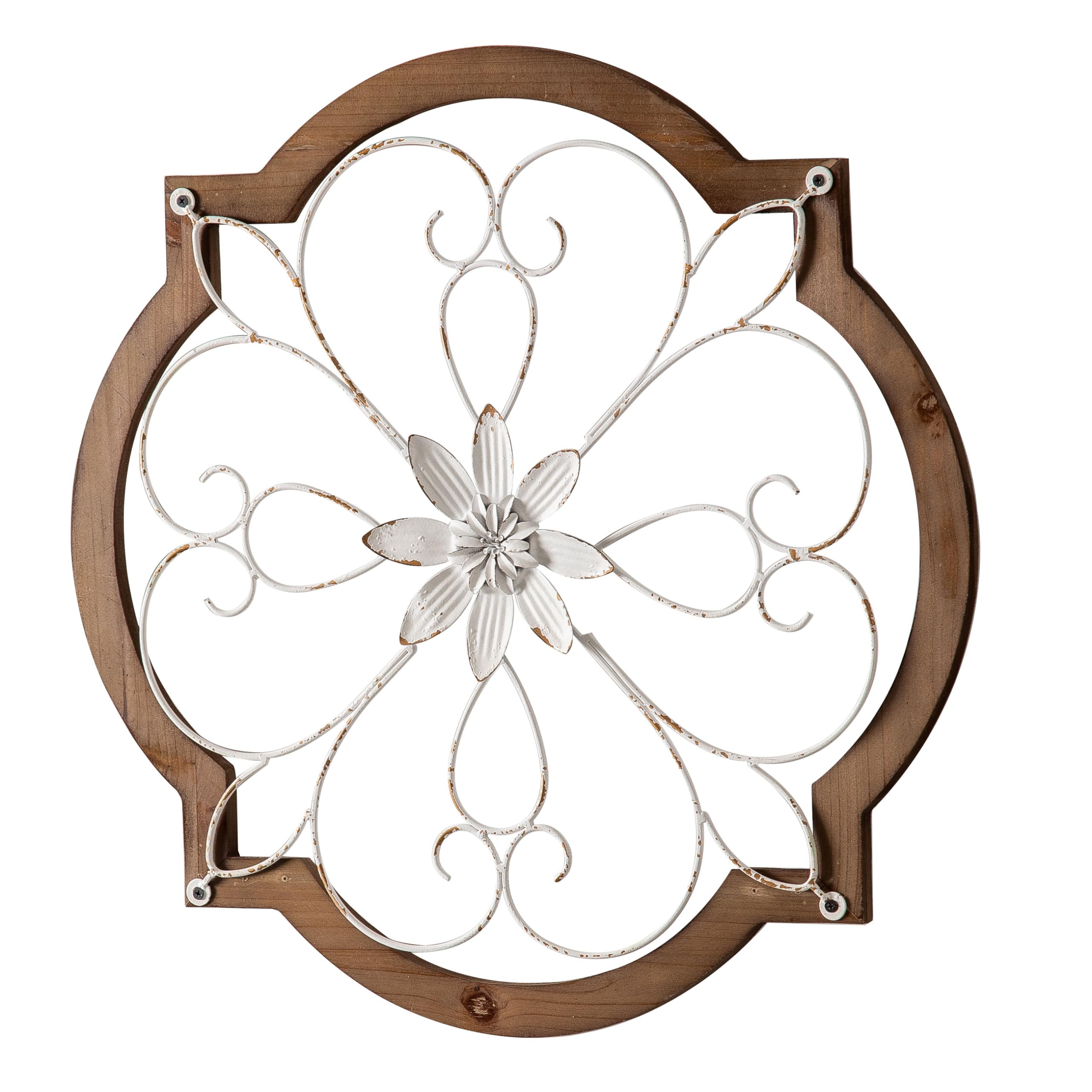 Sintosin Vintage Wrought Iron Wall Decor 22", Hanging Farmhouse Distressed White Metal Scroll Wall Decor, Wood Frame and Metal Flower Wall Art Decor for Living Room Entryway Hallway