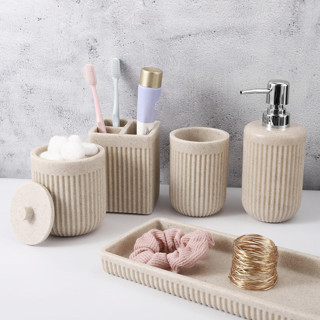 XLHOMO Resin White Marble Bathroom Accessories Set 5 Pcs, Lotion Soap Dispenser, Toothbrush Holder, Bathroom Tumbler, Qtip Holder and Vanity Tray, Bathroom Countertop Organizer Set for Home Apartment