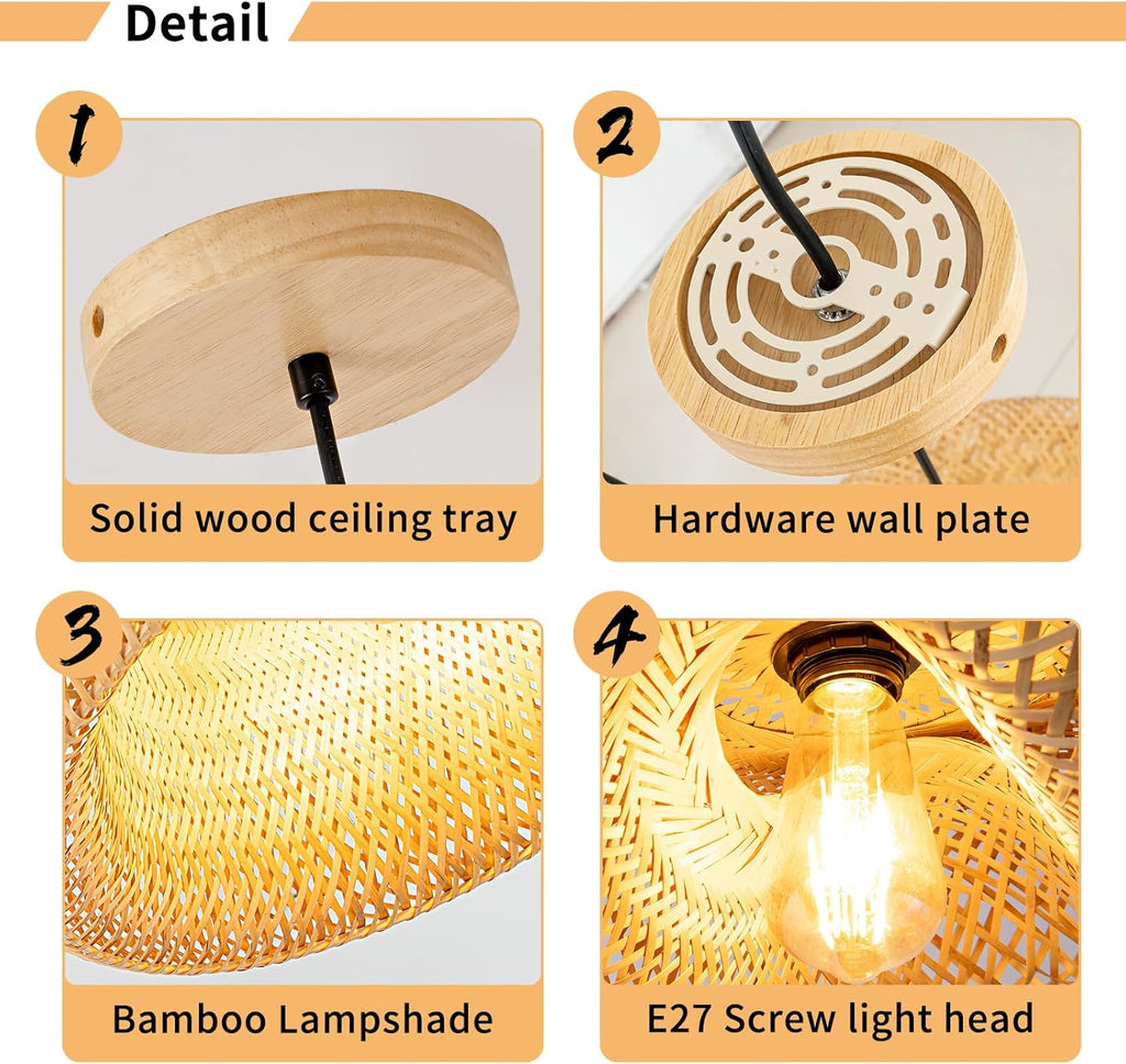 Bamboo Pendant Light, 11.8inch Hand-Woven Natural Wicker Rattan Bamboo Lamp, Beige Boho Hanging Chandelier, Rustic Island Dining Ceiling Light for Living Room, Kitchen, Farmhouse, Bedroom