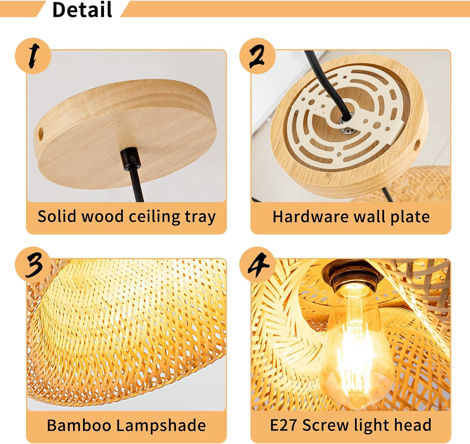 Bamboo Pendant Light, 11.8inch Hand-Woven Natural Wicker Rattan Bamboo Lamp, Beige Boho Hanging Chandelier, Rustic Island Dining Ceiling Light for Living Room, Kitchen, Farmhouse, Bedroom