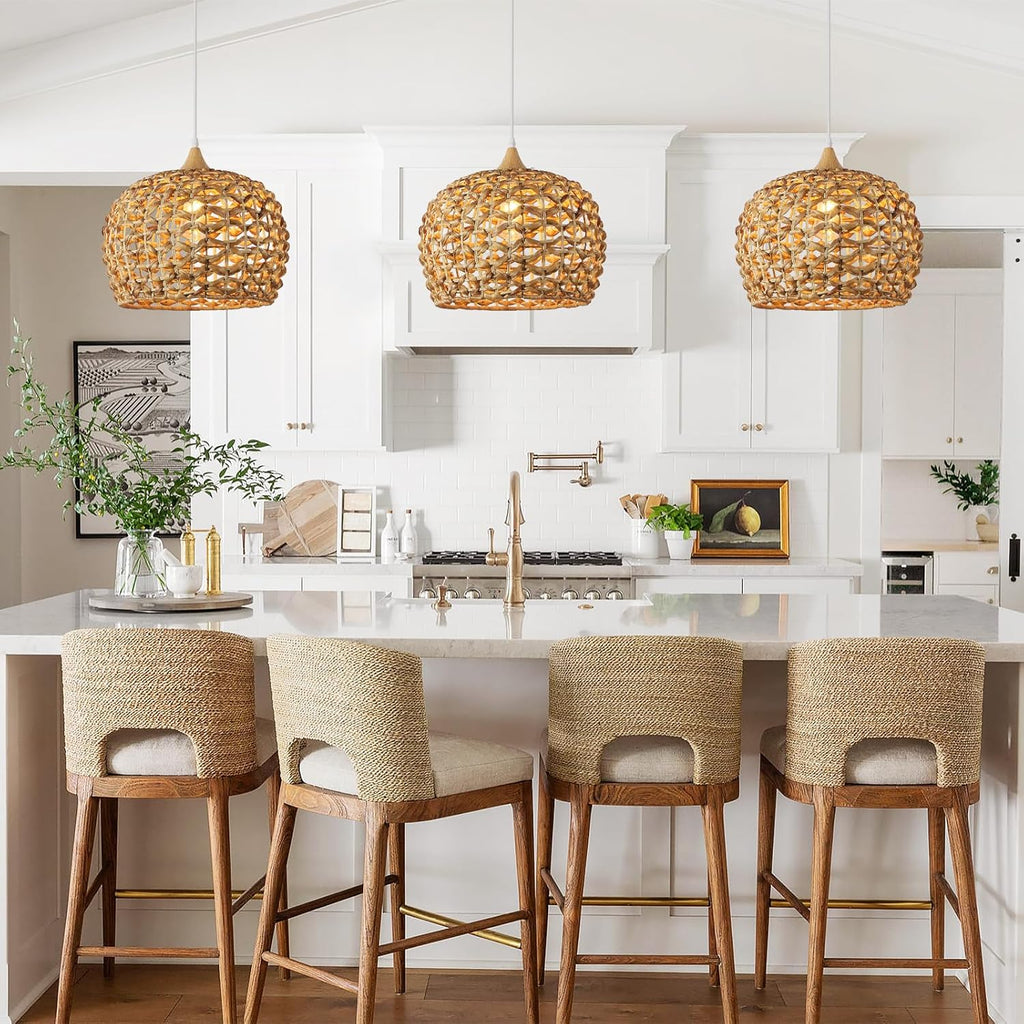 Boho Pendant Lights, 15.7" 1-Light Rattan Chandelier Hand-Woven Wicker Pendant Light with Water Hyacinth Shade, Coastal Dome Hanging Light for Dining Room Kitchen Island