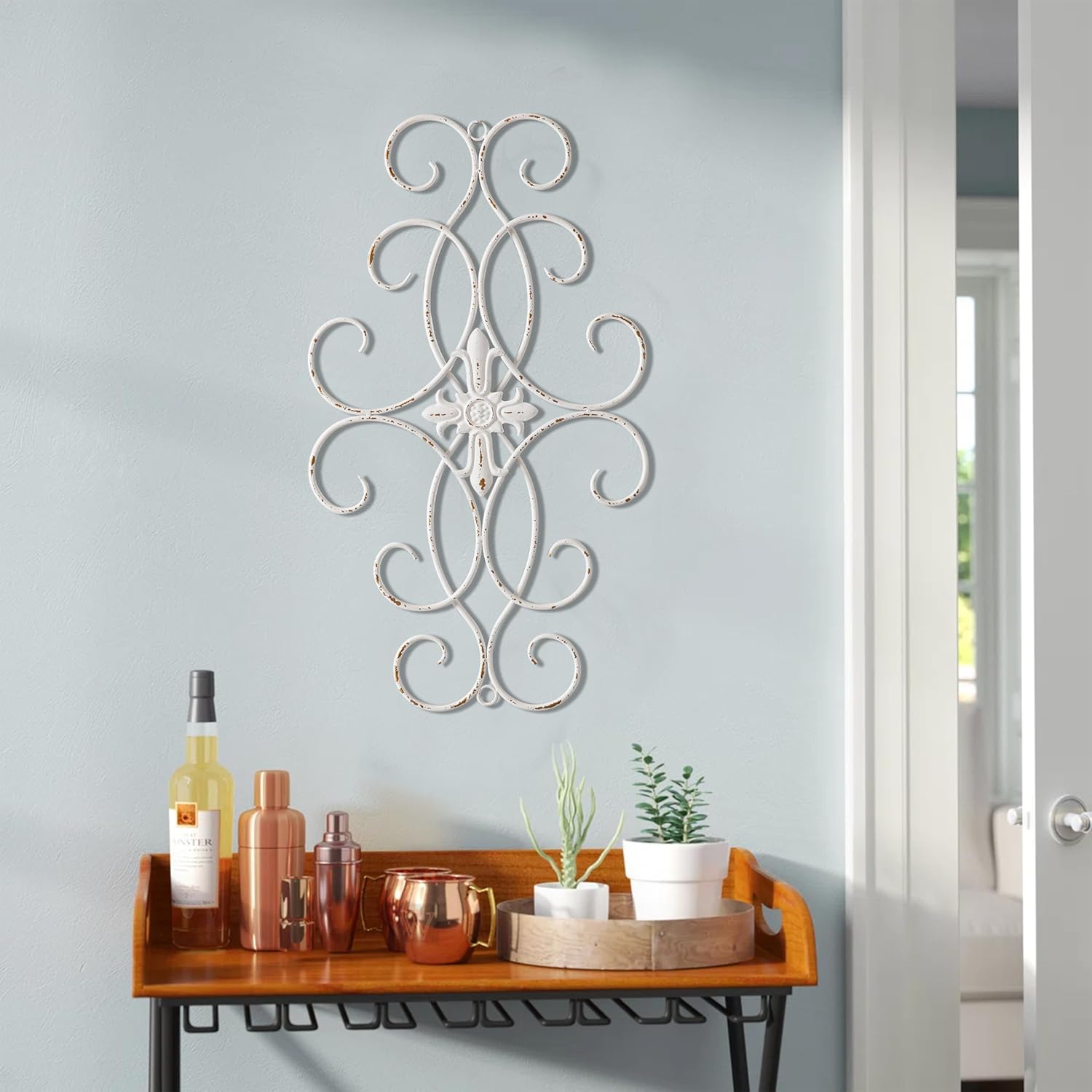 Sintosin Vintage Large Distressed White Wrought Iron Wall Decor 32" x 18", Hanging Antique Metal Wall Art Decor for Living Room, Rustic Scroll Wall Decor Outdoor Indoor, Vertical and Horizontal