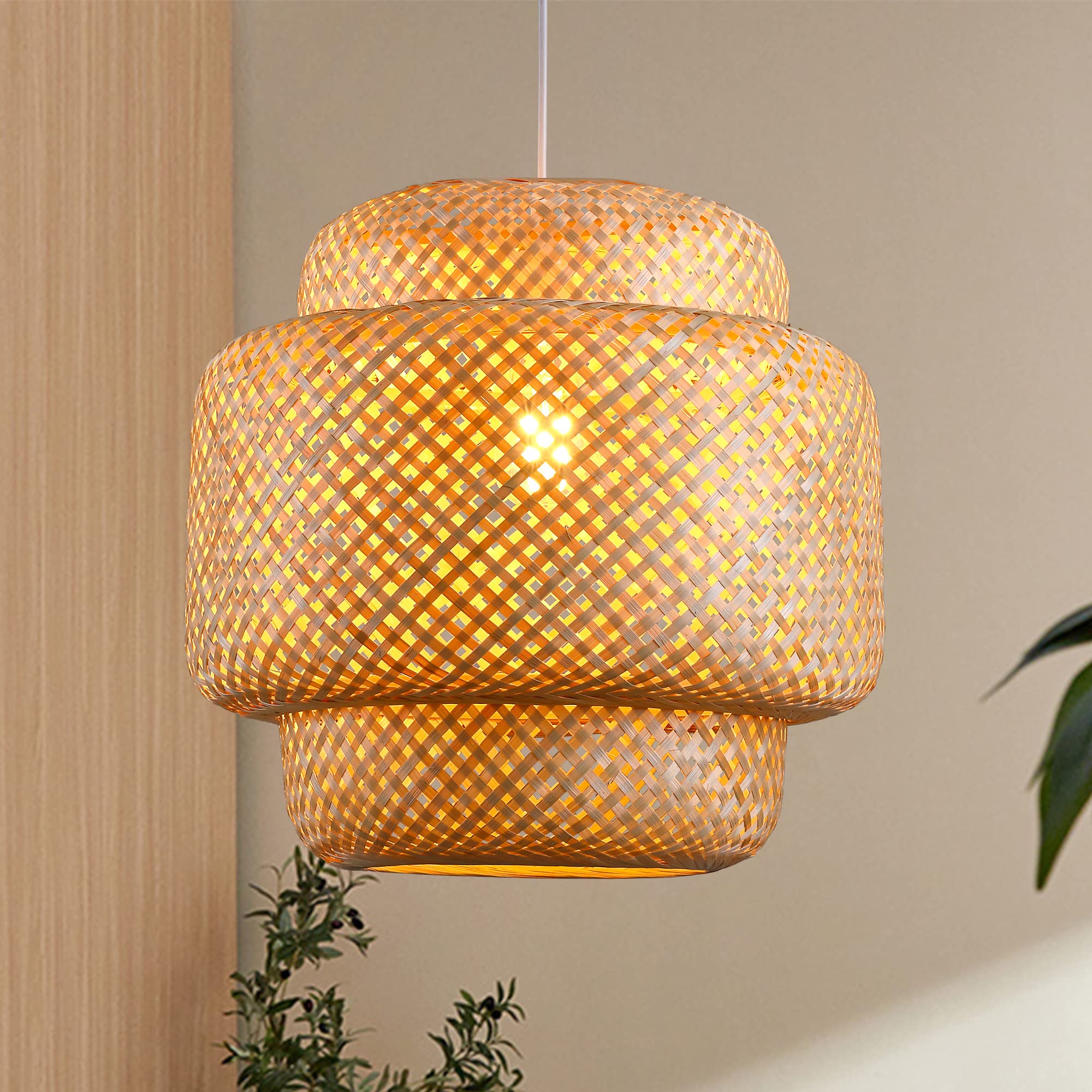 Boho Pendant Lights, 15.7" 1-Light Rattan Chandelier Hand-Woven Wicker Pendant Light with Water Hyacinth Shade, Coastal Dome Hanging Light for Dining Room Kitchen Island