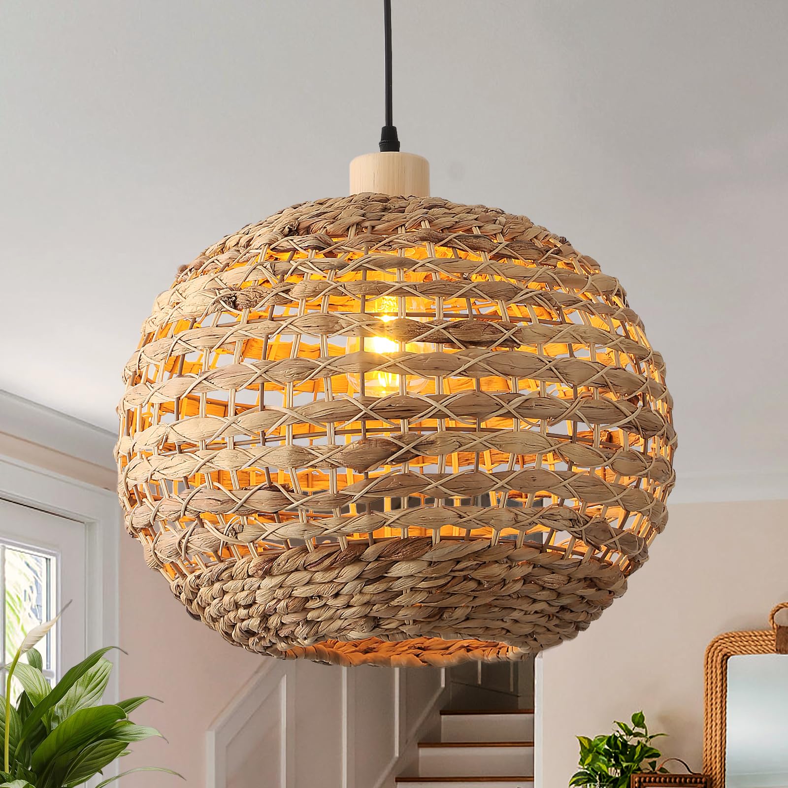 Boho Pendant Lights Kitchen Island, 11.8" Bohemian Rattan Hand-Woven Light Fixture Natural Seagrass Weaving Lighting Hanging Ceiling Chandelier for Restaurants Living Dining Room Farmhouse