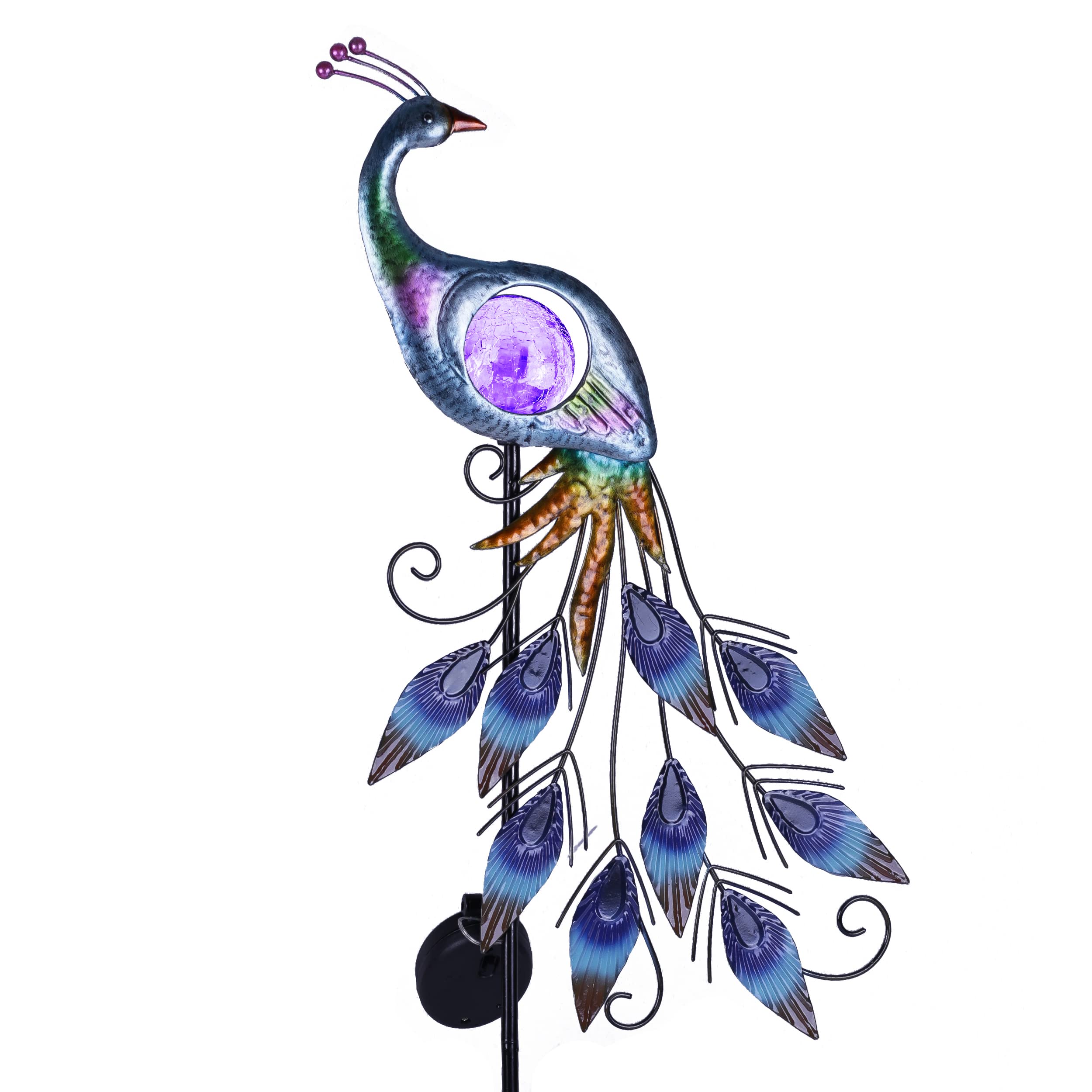 TERESA'S COLLECTIONS Solar Garden Lights Outdoor Garden Decor, Metal Peacock Decorations for Yard, 33'' Purple Decorative Garden Stake for Outside with Crackle Glass Ball, Lawn Party Gifts for Mom