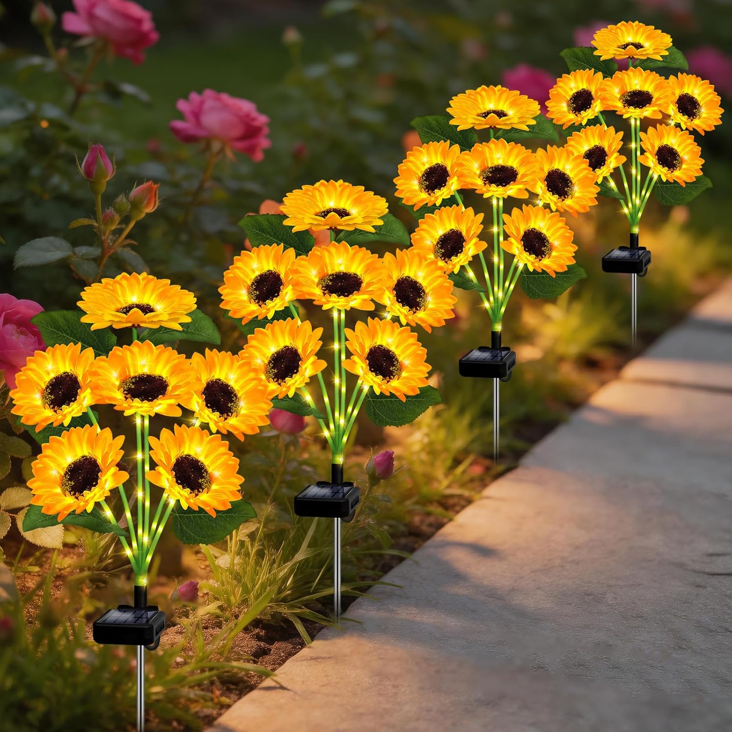 Solar Lights Outdoor Garden Decor,4 Pack with 24 Sunflower Lights,Solar Flowers Lights Waterproof,Birthday Gifts for Mom Women Grandma,Outside Decorative Stakes Light for Landscape Yard Patio Lawn