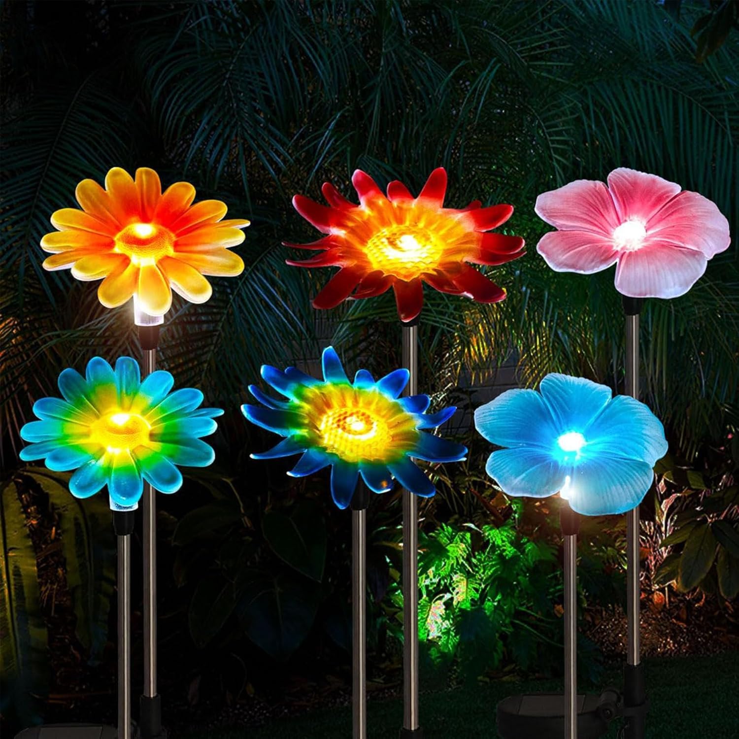 6 Pack Solar Garden Lights Outdoor Decor,Stake Yard Figurine Colorful Flower Light, Housewarming Ornament for Patio, Lawn, Yard, Pathway (Art Deco)