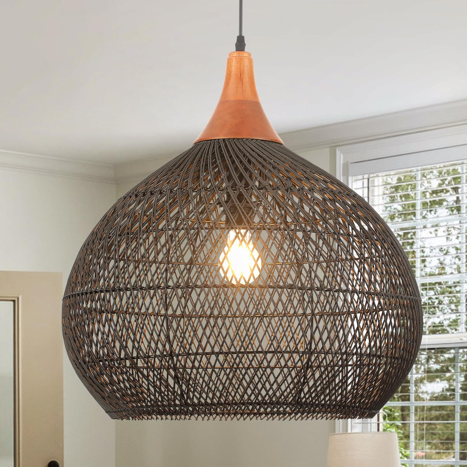 Boho Pendant Lights, 15.7" 1-Light Rattan Chandelier Hand-Woven Wicker Pendant Light with Water Hyacinth Shade, Coastal Dome Hanging Light for Dining Room Kitchen Island