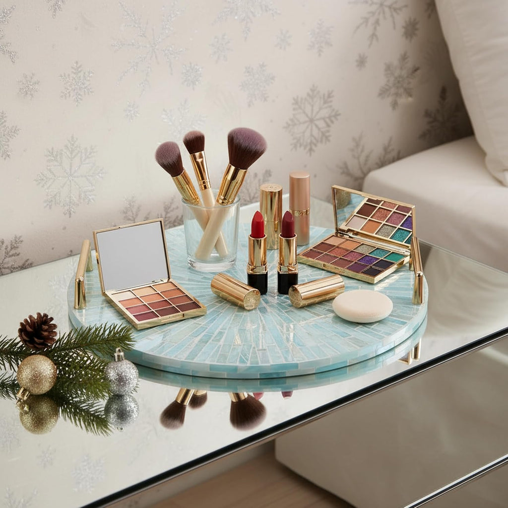 PEMAR Mother of Pearl Decorative Tray, 13"" Round with Gold Metal Handles, Vanity/Perfume/Trinket Tray, Catchall for Dresser, Bathroom, Vanity Table (Teal Sunlight)