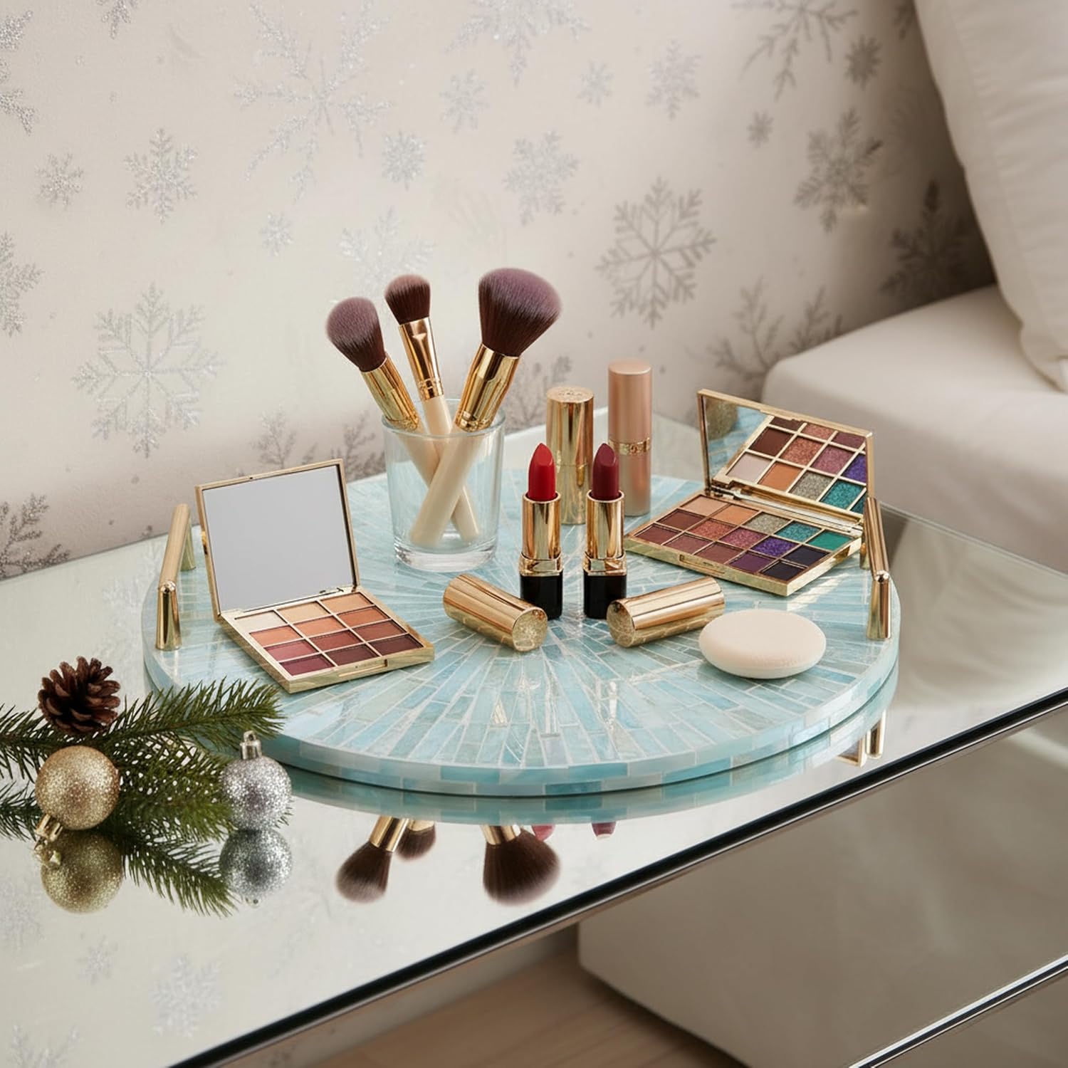 PEMAR Mother of Pearl Decorative Tray, 13"" Round with Gold Metal Handles, Vanity/Perfume/Trinket Tray, Catchall for Dresser, Bathroom, Vanity Table (Teal Sunlight)
