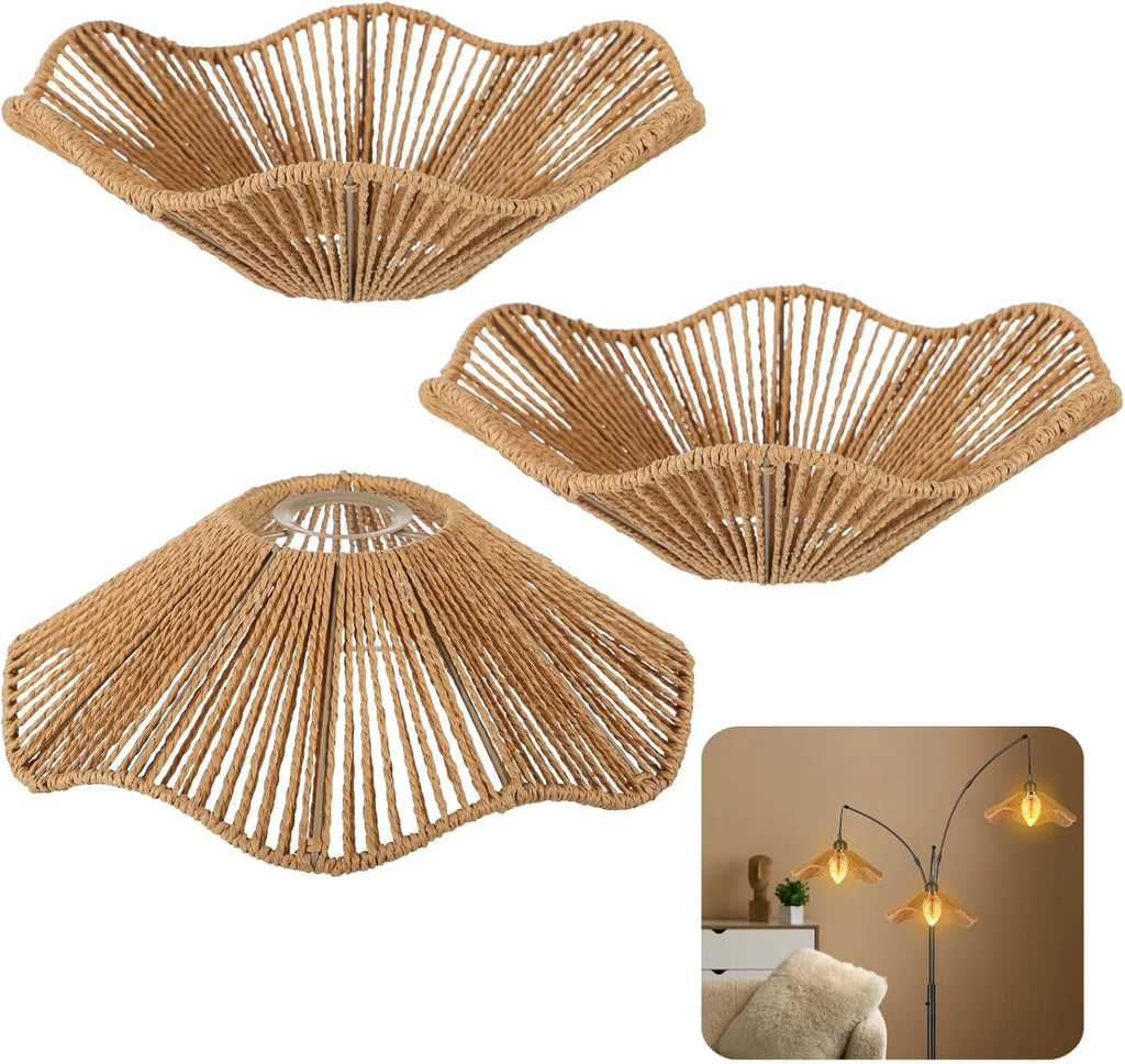 3PCS Rattan Lamp Shade,Bamboo Wicker Woven Lampshade Bell Shape with Scalloped Edge,Paper Rope & Metal Frame,Bohemian Style Replacement for Pendant Lights,Table Lamps,Wall Sconces
