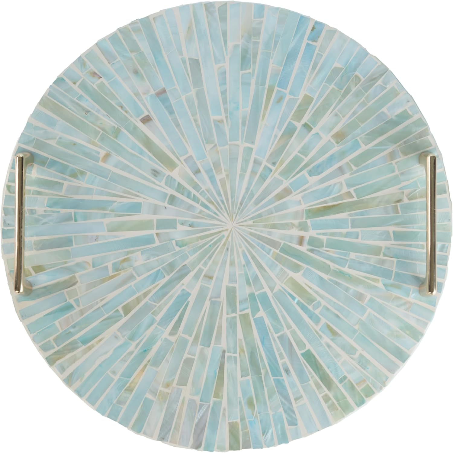 PEMAR Mother of Pearl Decorative Tray, 13"" Round with Gold Metal Handles, Vanity/Perfume/Trinket Tray, Catchall for Dresser, Bathroom, Vanity Table (Teal Sunlight)