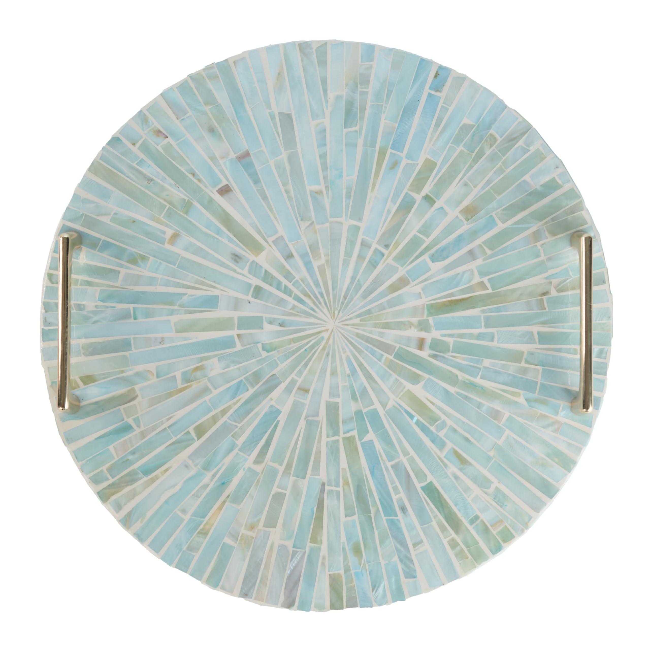 PEMAR Mother of Pearl Decorative Tray, 13"" Round with Gold Metal Handles, Vanity/Perfume/Trinket Tray, Catchall for Dresser, Bathroom, Vanity Table (Teal Sunlight)