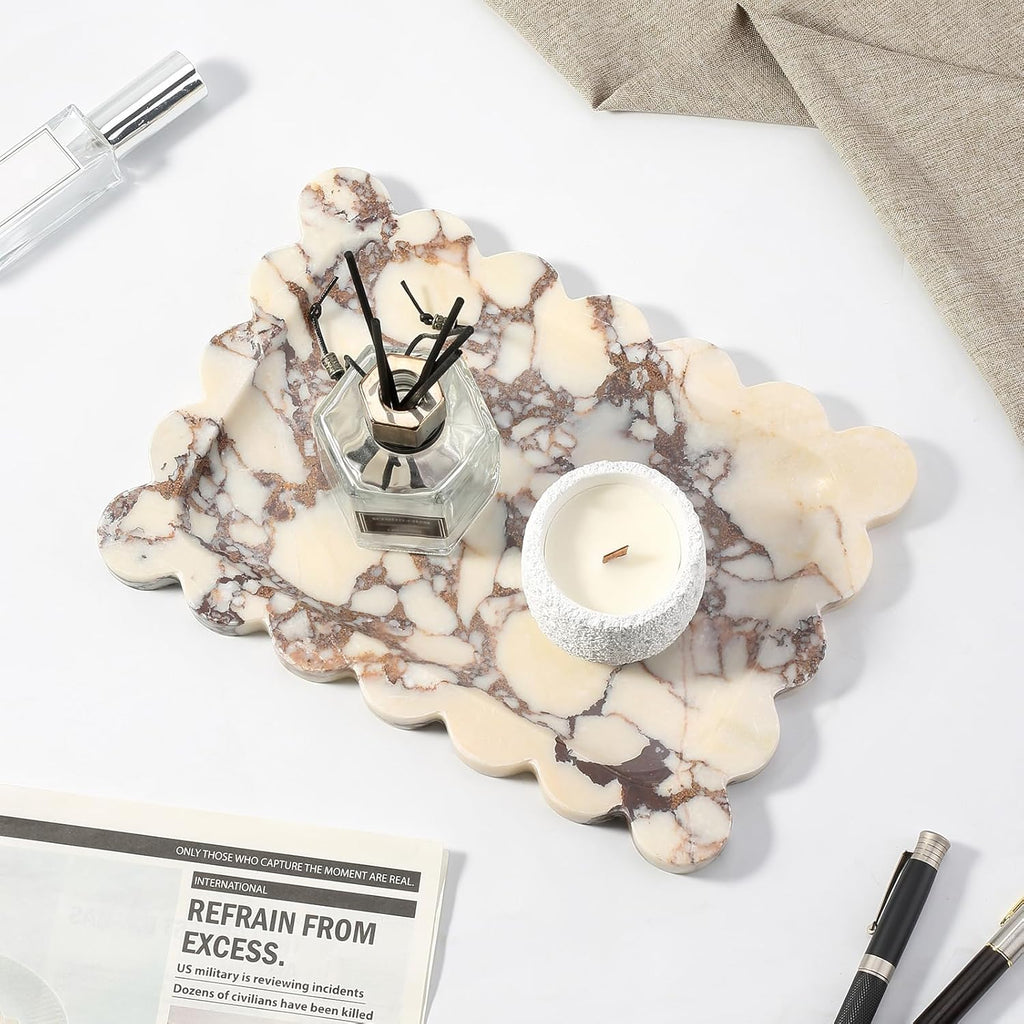 Koville Luxury Calacatta Viola Marble Tray, 11"x8" Scalloped Marble Vanity Tray for Countertop Bathroom Kitchen Dresser, Natural Stone Tray for Jewelry Perfume Home Decor, Decorative Catchall Tray