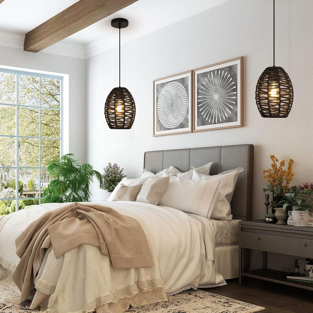 DELIPOP Pendant Light, Hand-Woven Rattan Chandelier, Boho Hanging Light with Adjustable Cord 4.9ft for Living Room, Dining Room, Kitchen, Bedroom (Black)