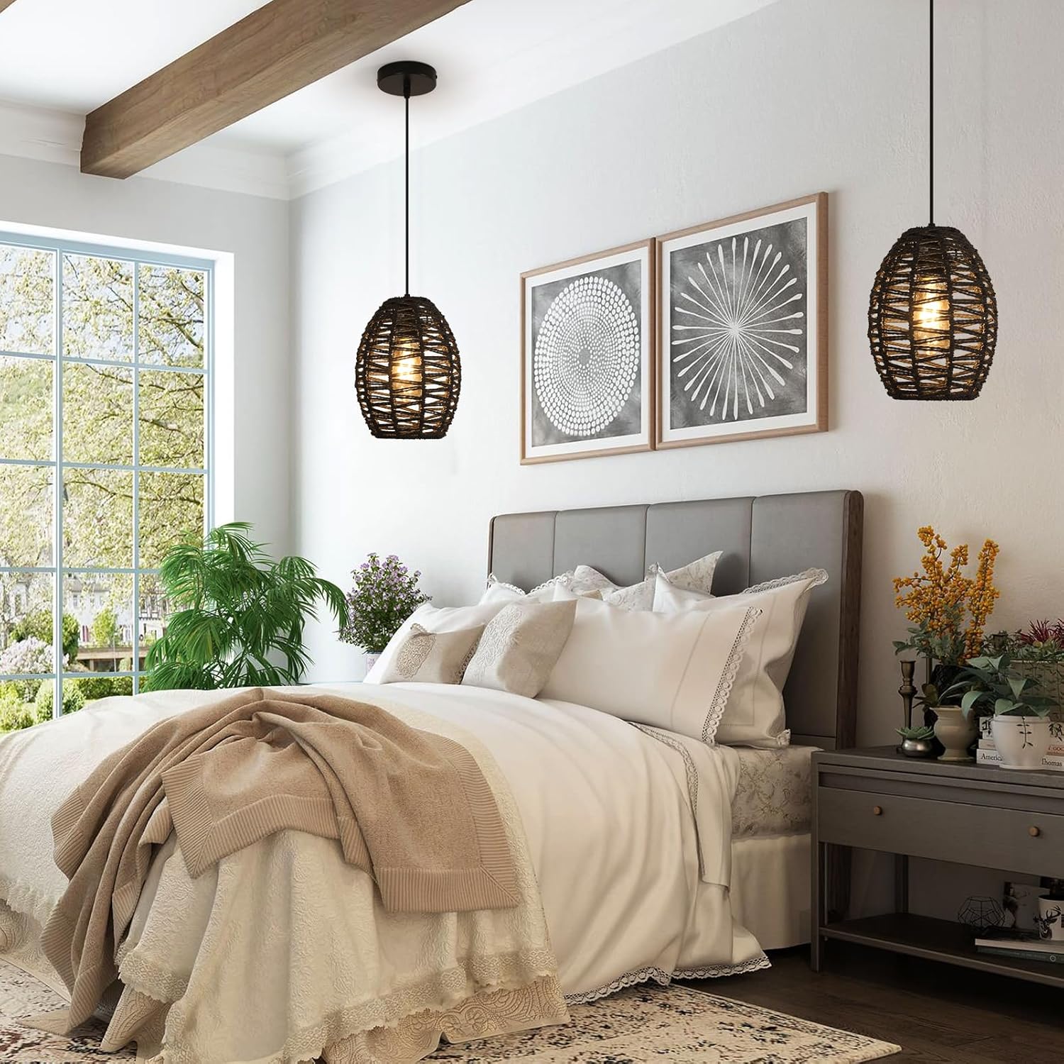 DELIPOP Pendant Light, Hand-Woven Rattan Chandelier, Boho Hanging Light with Adjustable Cord 4.9ft for Living Room, Dining Room, Kitchen, Bedroom (Black)