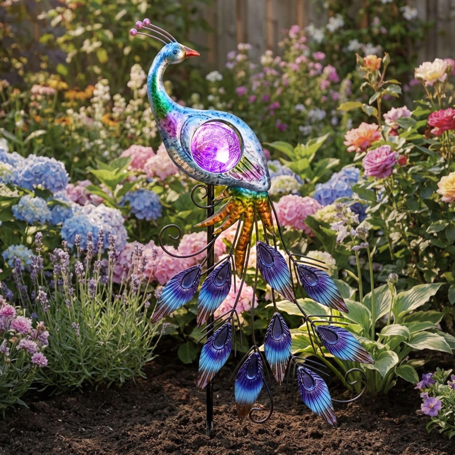 TERESA'S COLLECTIONS Solar Garden Lights Outdoor Garden Decor, Metal Peacock Decorations for Yard, 33'' Purple Decorative Garden Stake for Outside with Crackle Glass Ball, Lawn Party Gifts for Mom