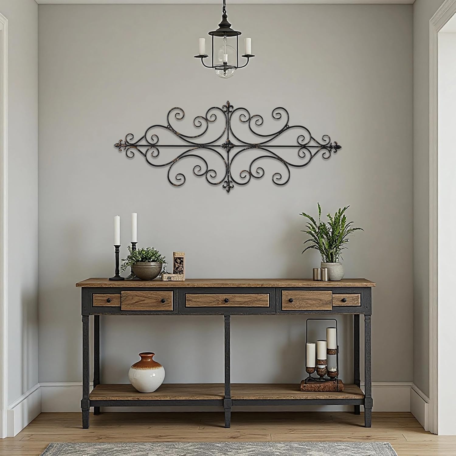 Sintosin Vintage Wrought Iron Wall Decor 45" x 18", Hanging Distressed Finish Fleur De Lis Scroll Metal Wall Art Decor, Farmhouse Black and Gold Home Decorations for Living Room Hallway Bedroom