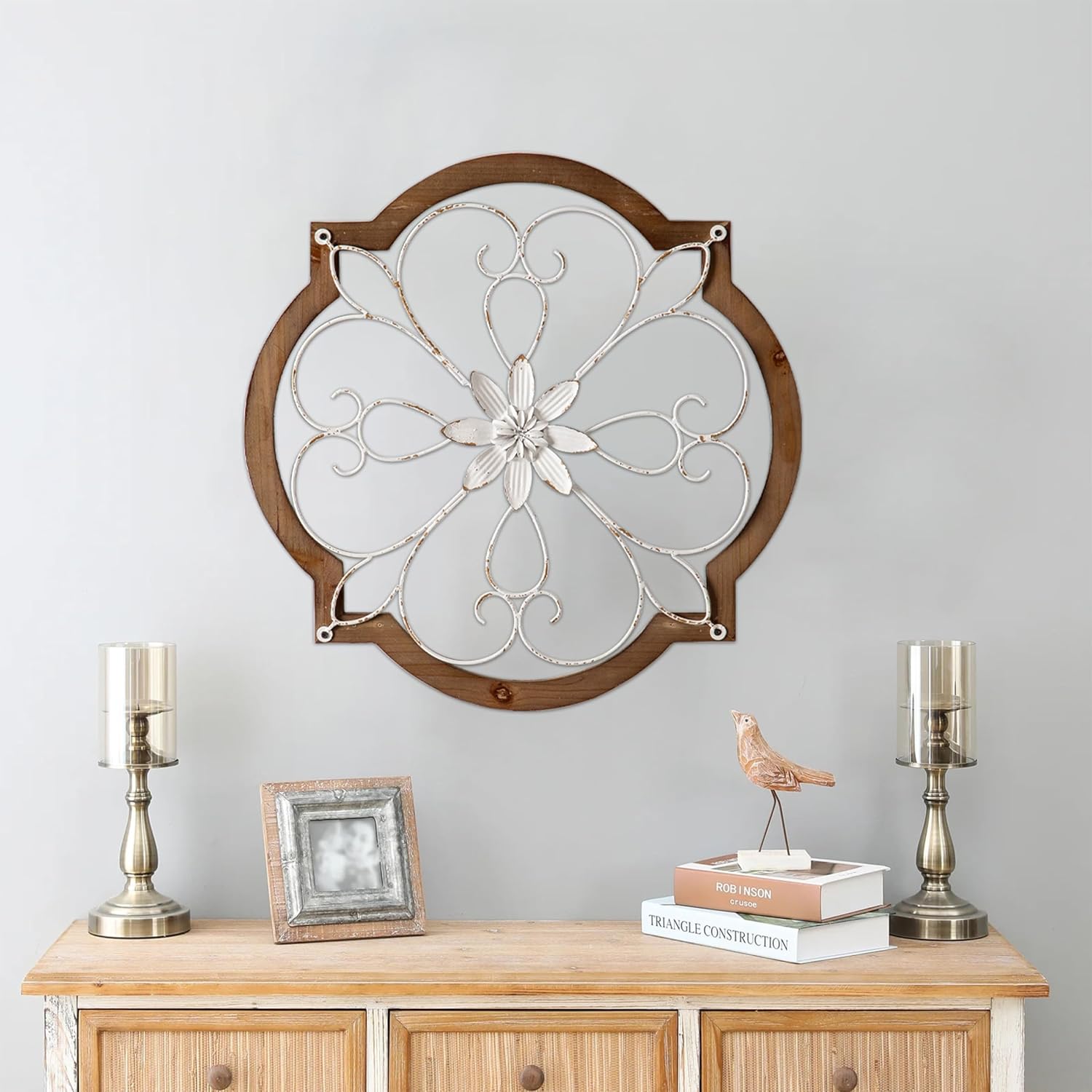 Sintosin Vintage Wrought Iron Wall Decor 22", Hanging Farmhouse Distressed White Metal Scroll Wall Decor, Wood Frame and Metal Flower Wall Art Decor for Living Room Entryway Hallway