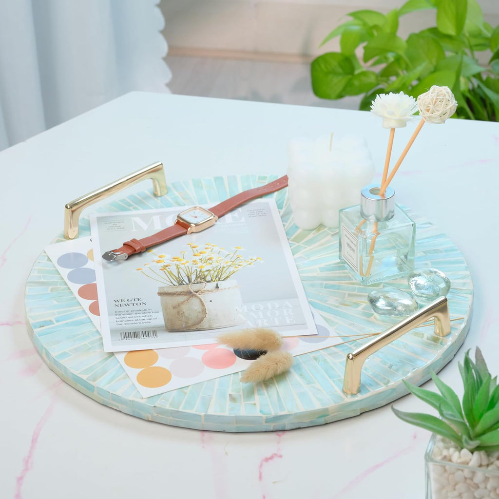PEMAR Mother of Pearl Decorative Tray, 13"" Round with Gold Metal Handles, Vanity/Perfume/Trinket Tray, Catchall for Dresser, Bathroom, Vanity Table (Teal Sunlight)