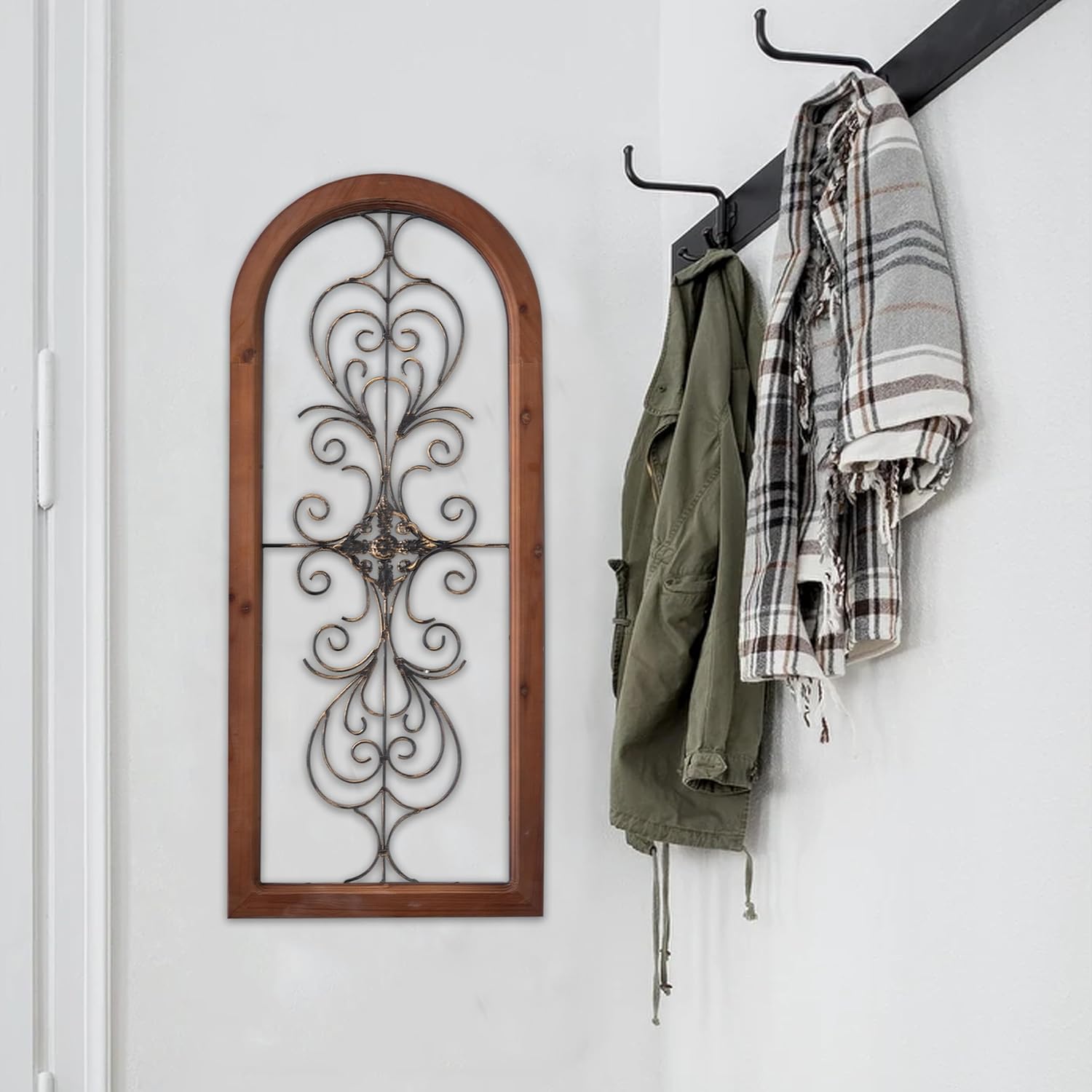 Sintosin Vintage Metal Wall Art for Living Room 13 X 32 Inches, Handmade Distressed Wooden Wall Panels with Carved Wrought Iron above Bed Decor, Farmhouse Wall Decor for Kitchen Entryway