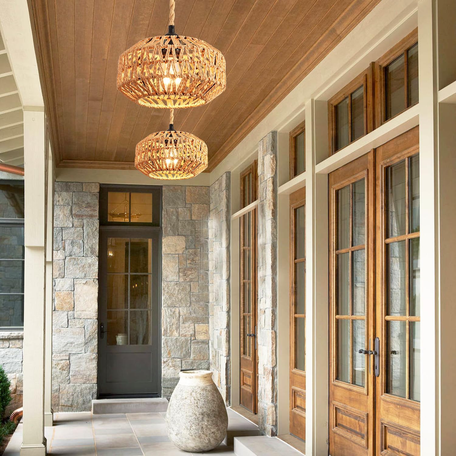 2 Pack Plug in Pendant Light Rattan Hanging Lamp with Switch,Mini Rattan Boho Semi Flush Mount Ceiling Light,Hand Woven Hallway Light Fixtures for Bedroom Entryway