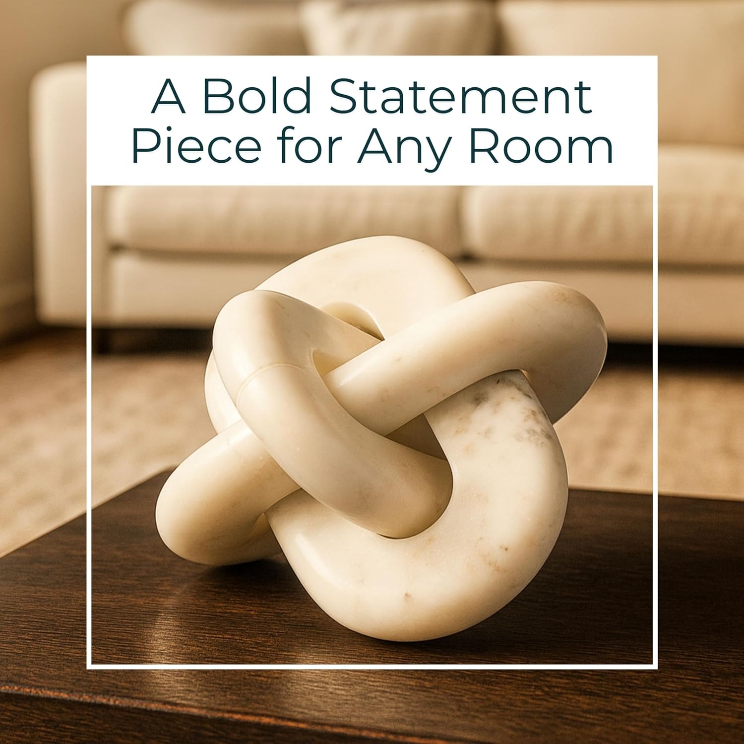 Marble Knot Sculpture for Living Room Decor - Home Tabletop Accent for Bathroom, Office, Shelf, Entryway, and Console Display - Intertwined Stone Ornament for Coffee Table Decor - 6", White