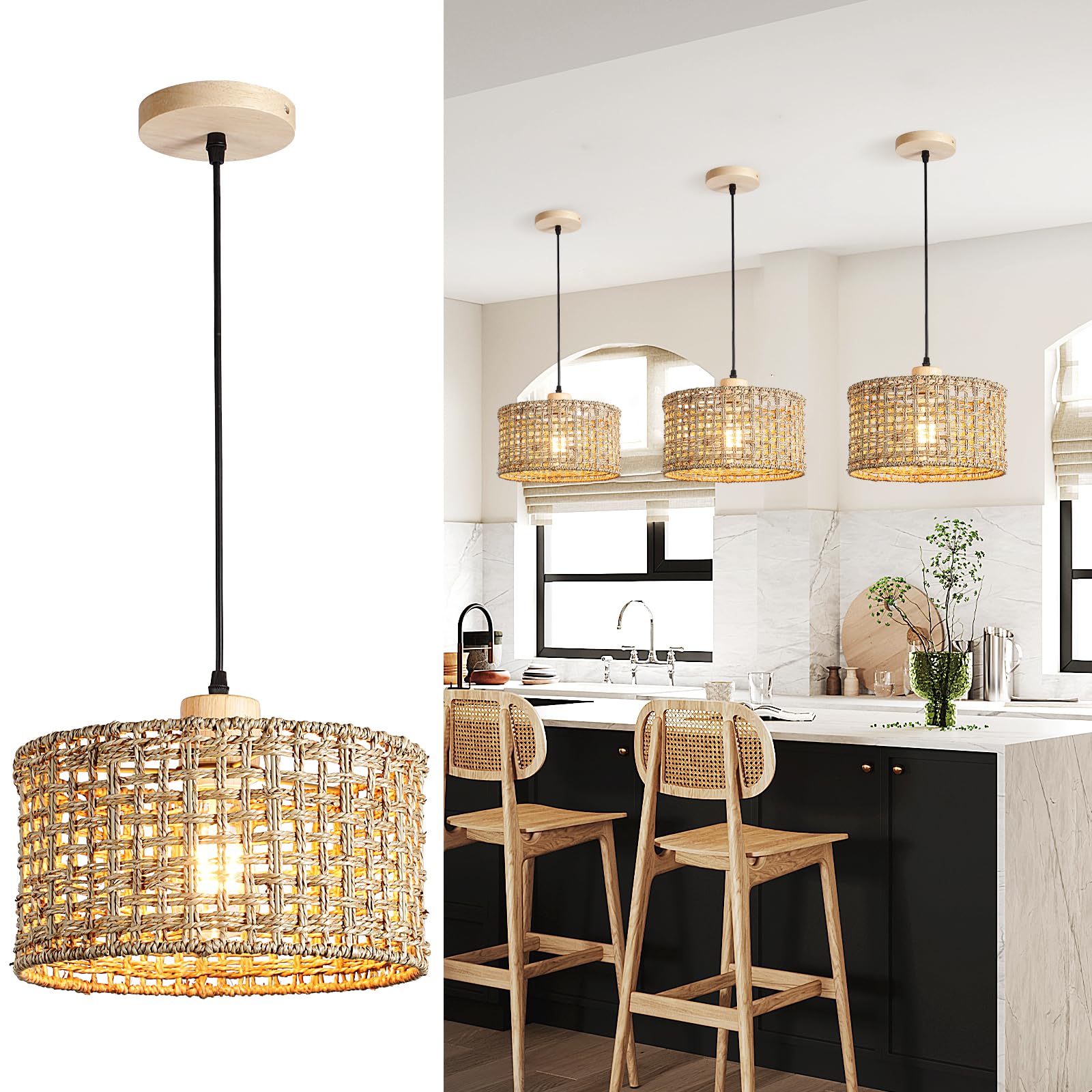 Boho Pendant Lights Kitchen Island, 11.8" Bohemian Rattan Hand-Woven Light Fixture Natural Seagrass Weaving Lighting Hanging Ceiling Chandelier for Restaurants Living Dining Room Farmhouse