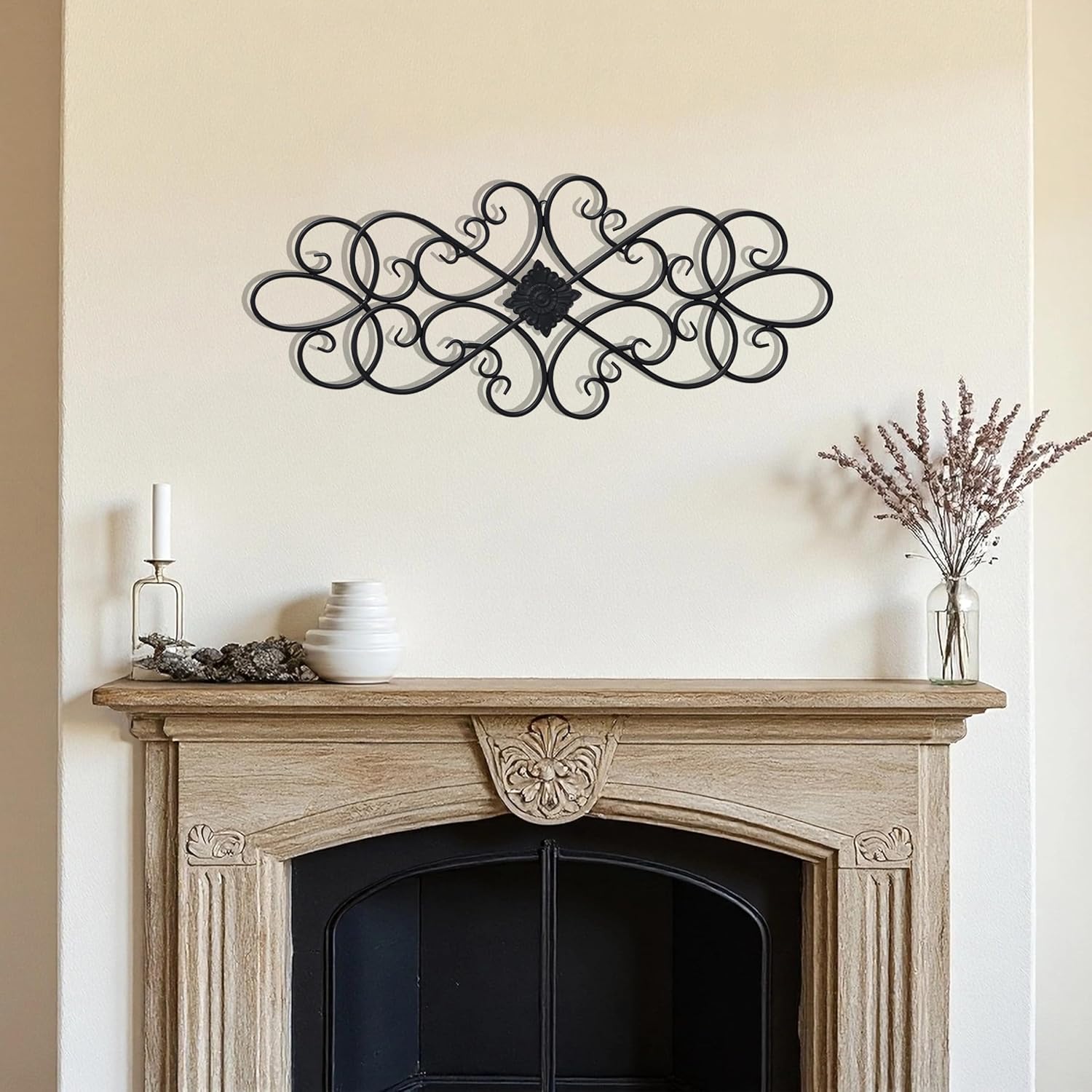 Sintosin Black Wrought Iron Wall Decor 32" x 13", Hanging Flower Scroll Metal Wall Art Decor, Living Room Wall Decor, Vintage House Decorations for Indoor Outdoor Fireplace Bedroom