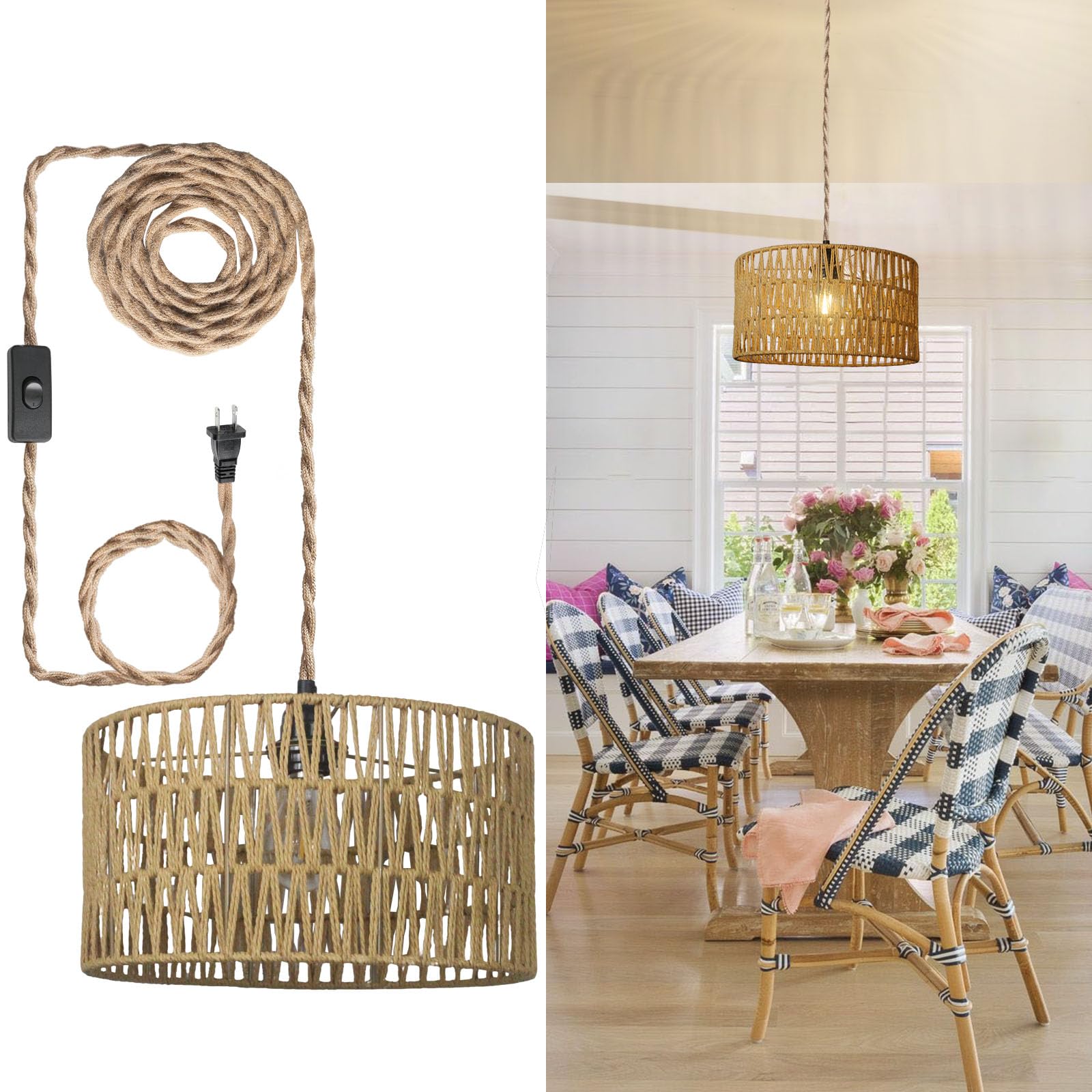 Rattan Hanging Lamp,Boho Pendant Lights,Plug in Cord Hanging Rattan Light,Plug Into Wall Outlet Pendant Light Fixture On/Off Switch for Living,Dinner Room,Bedroom,Kitchen,for E26,without Bulb