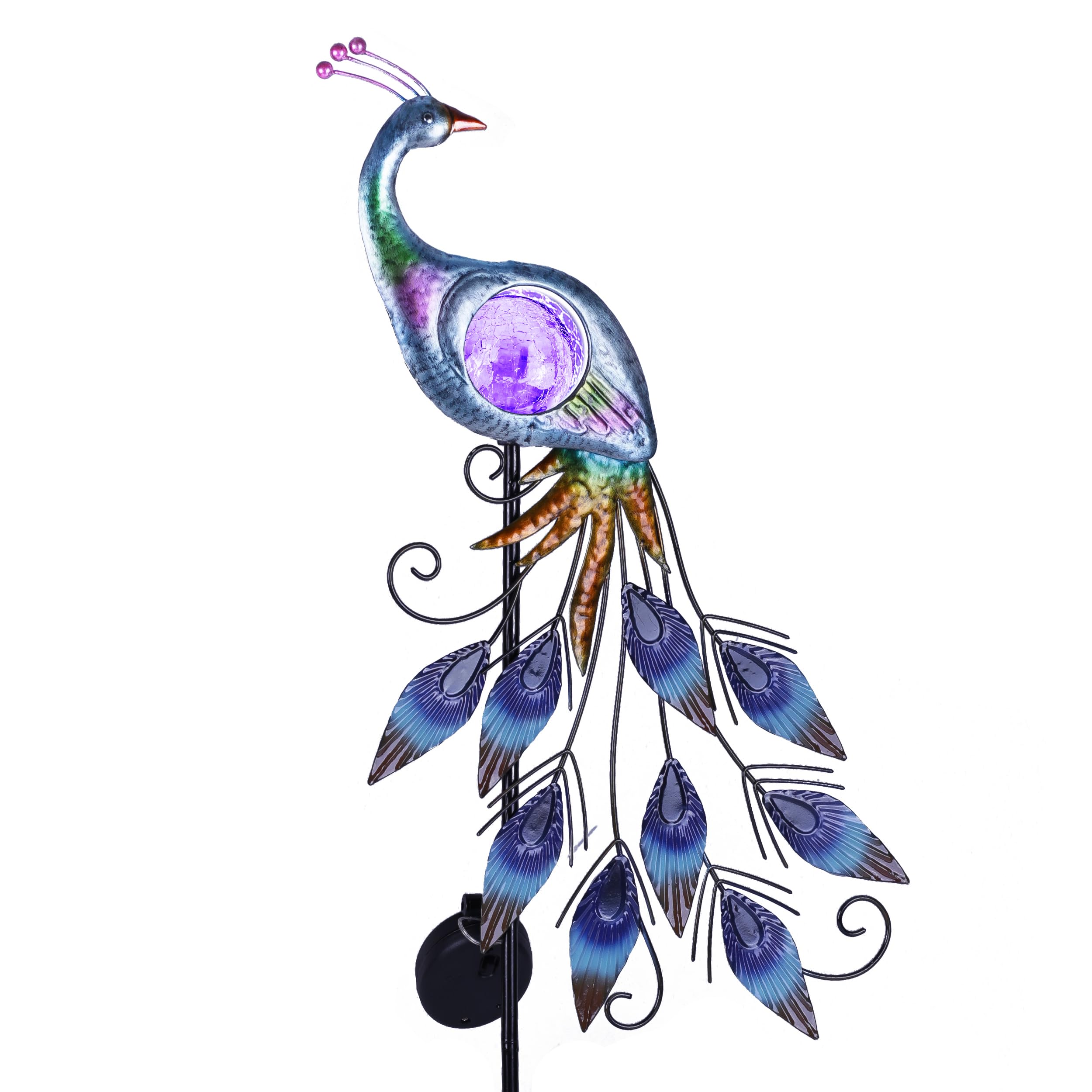 TERESA'S COLLECTIONS Solar Garden Lights Outdoor Garden Decor, Metal Peacock Decorations for Yard, 33'' Purple Decorative Garden Stake for Outside with Crackle Glass Ball, Lawn Party Gifts for Mom