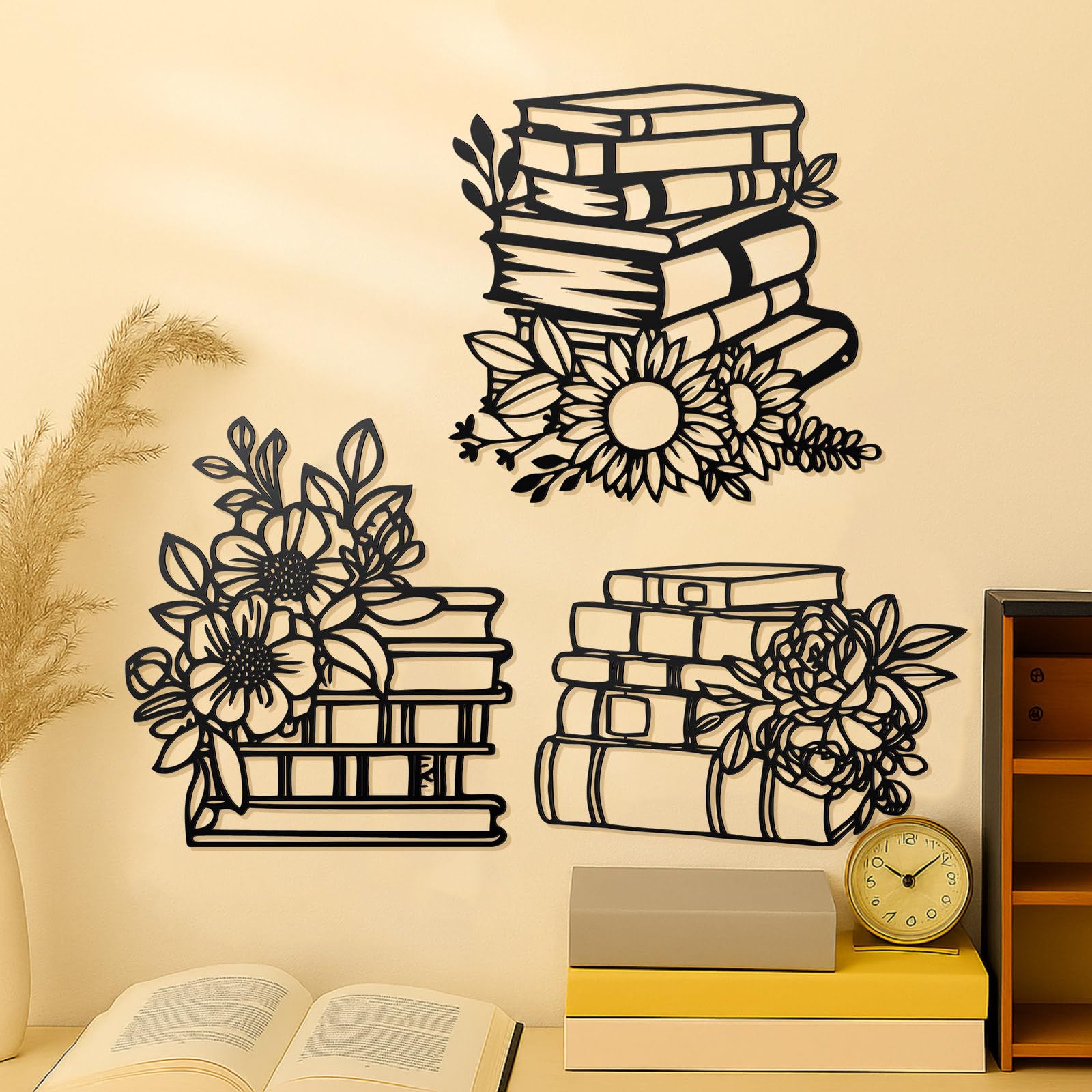 Honeydak 3 Pcs Reading Flower Book Wall Art Metal Library Wall Decor Sign Book Lovers Teacher Gift Silhouette Hanging Sculptures for Home Reading Room Office (Rustic Color,Elegant Style)
