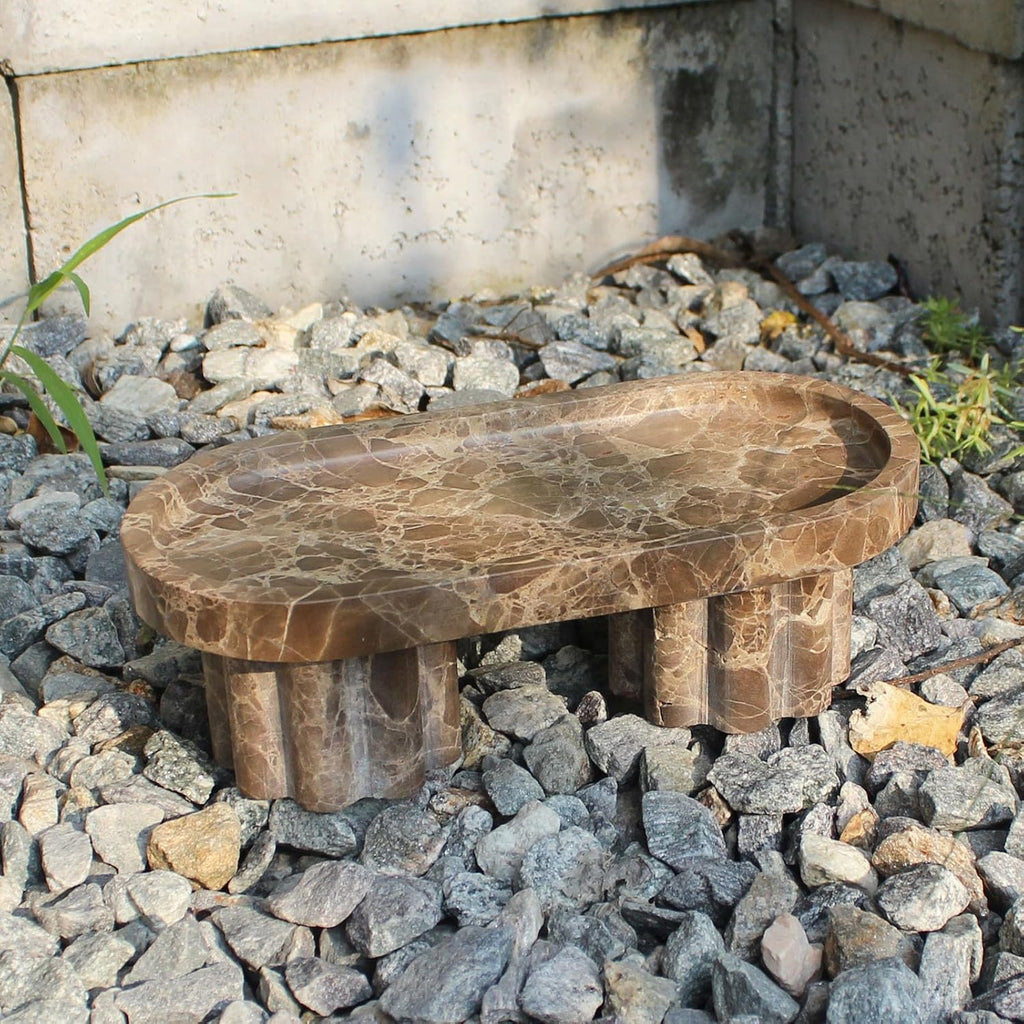 Natural Travertine Marble Oval Tray with 2 Legs, 10" Vanity Decorative Tray for Countertop Organizer, Catchall Tray for Perfume, Candles, Jewelry Dish