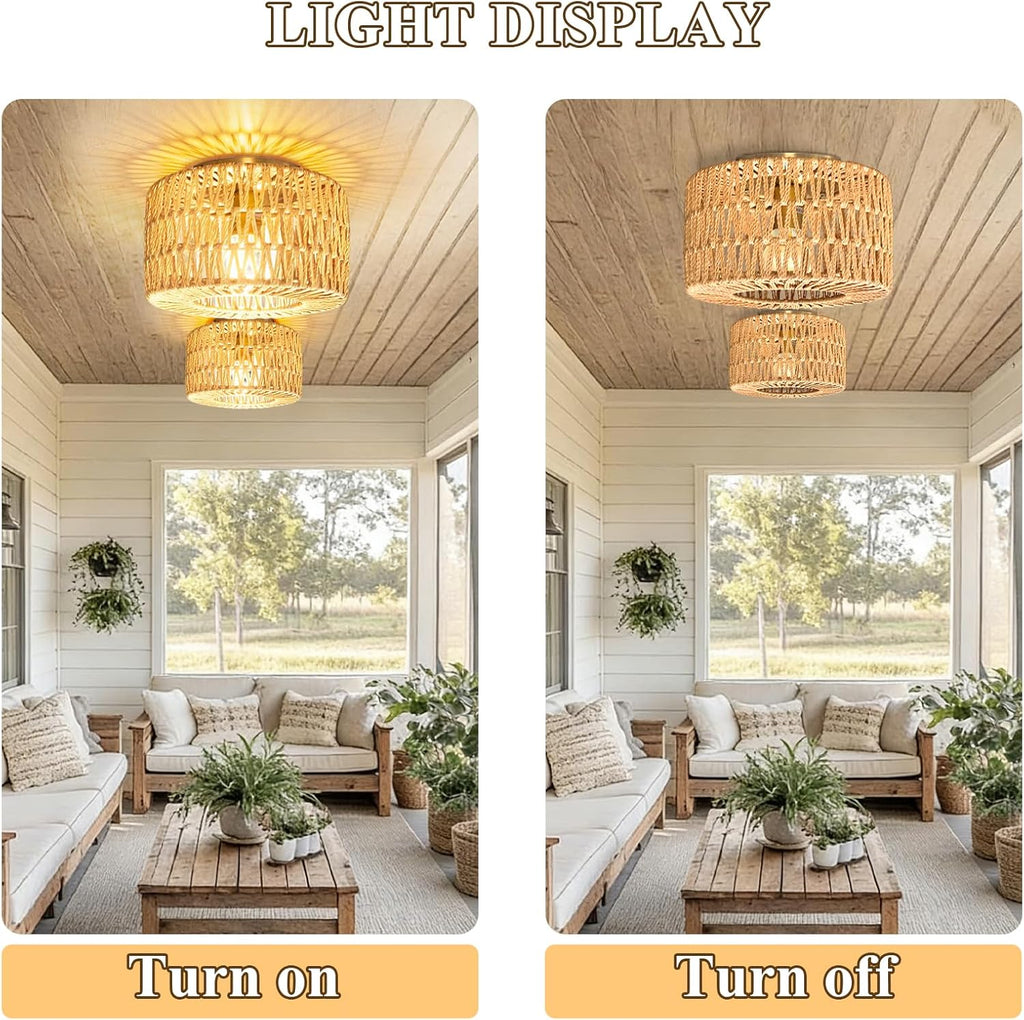 Handwoven Rattan Pendant Light for Living Room,Boho Farmhouse Wicker Chandelier,Hanging Ceiling Light for Dining Room,Entryway,Handmade Natural Rattan Light Fixture,Adjustable Height,Home Decor