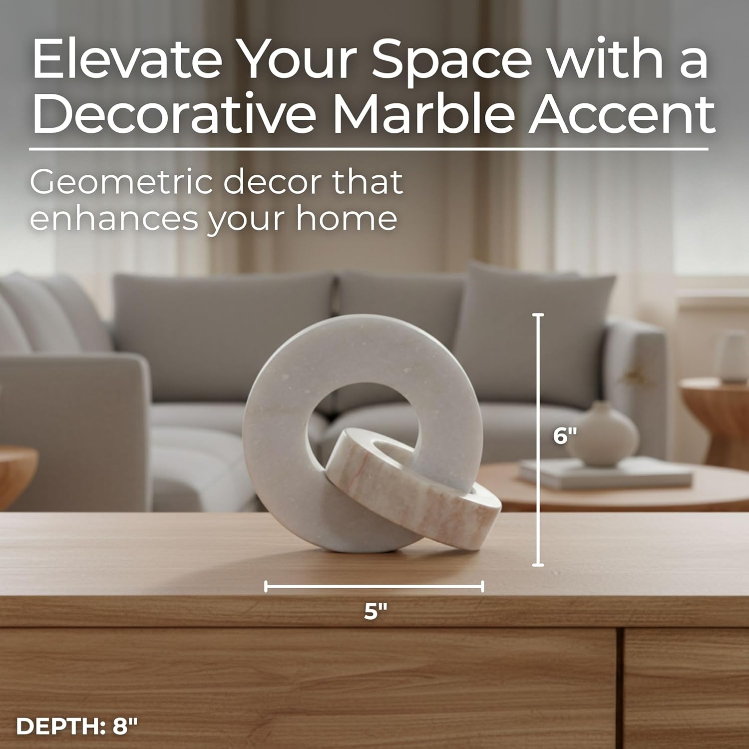 Home Decor and Bathroom Decor Marble Double Ring - Modern Shelf Sculpture and Office Accents for Room Styling - Coffee Table Ornaments and Living Room Decor Statues Design - 6", White & Beige